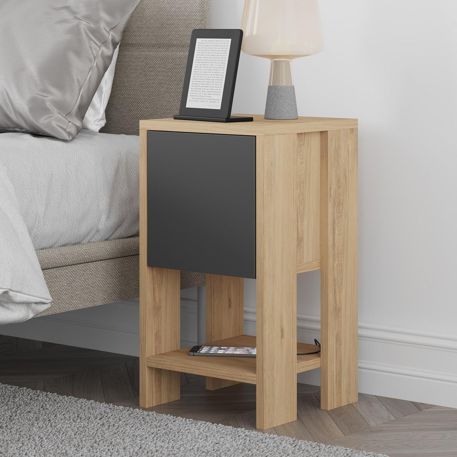 Ema - Oak, Anthracite in Eiche
 Anthrazit präsentiert im Onlineshop von KAQTU Design AG. Nachttisch ist von Hanah Home