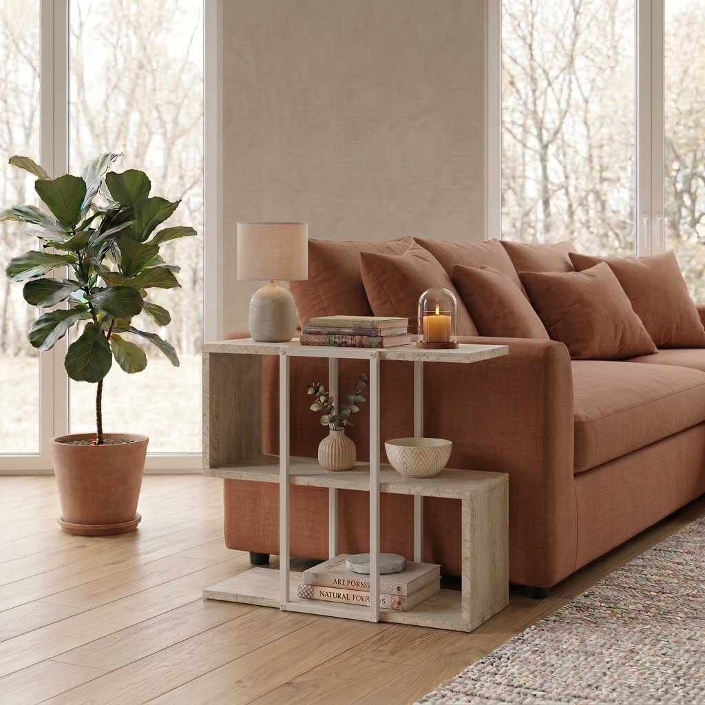 Beistelltisch Homia in Travertin-Farbe mit zwei Ablageböden, melaminbeschichteter Spanplatte und schlanken Eisenbeinen im Wohnraum.