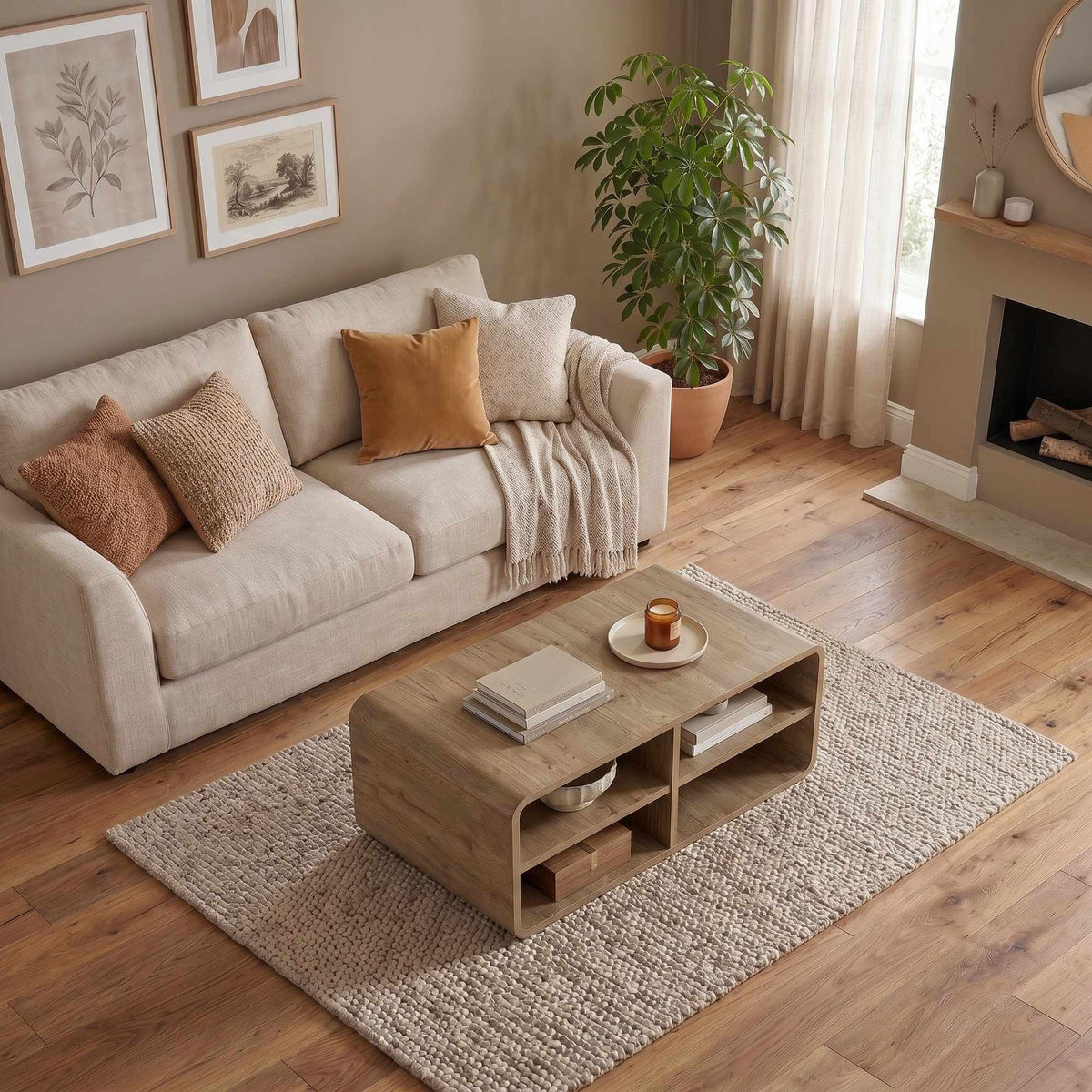 Couchtisch Rovel in Natur von Hanah Home, Korpus aus melaminbeschichteter Spanplatte mit abgerundeten MDF-Kanten und vier offenen Böden.