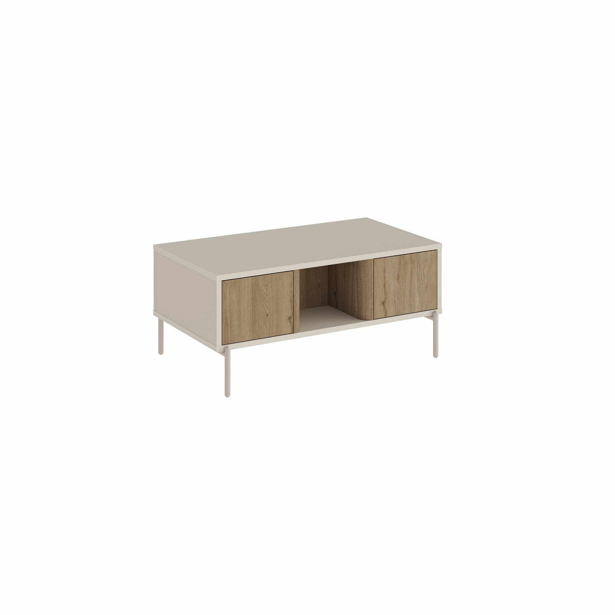 Couchtisch Ventro in Sandstein von Hanah Home mit Spanplatten-Korpus, Eisenbeinen, zwei Böden und Schubladen mit Soft-Close-Funktion.