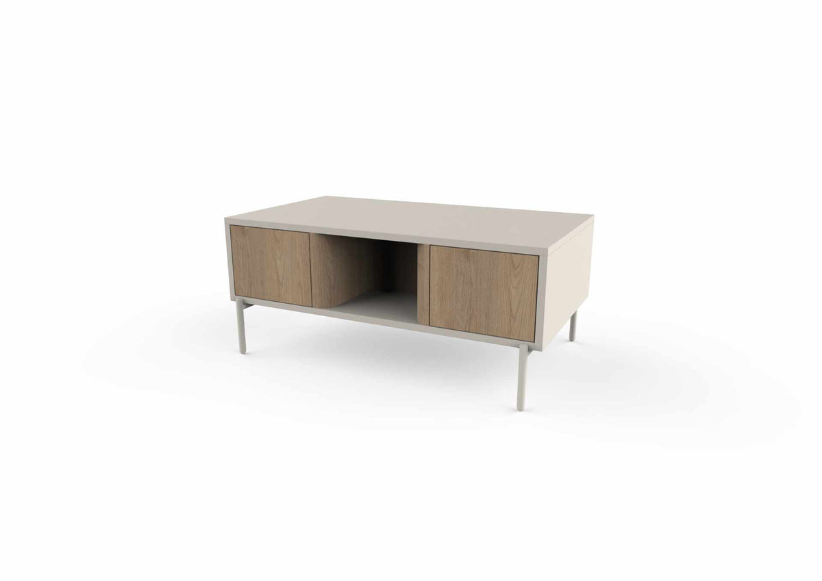Couchtisch Ventro in Sandstein von Hanah Home mit Spanplatten-Korpus, Eisenbeinen, zwei Böden und Schubladen mit Soft-Close-Funktion.