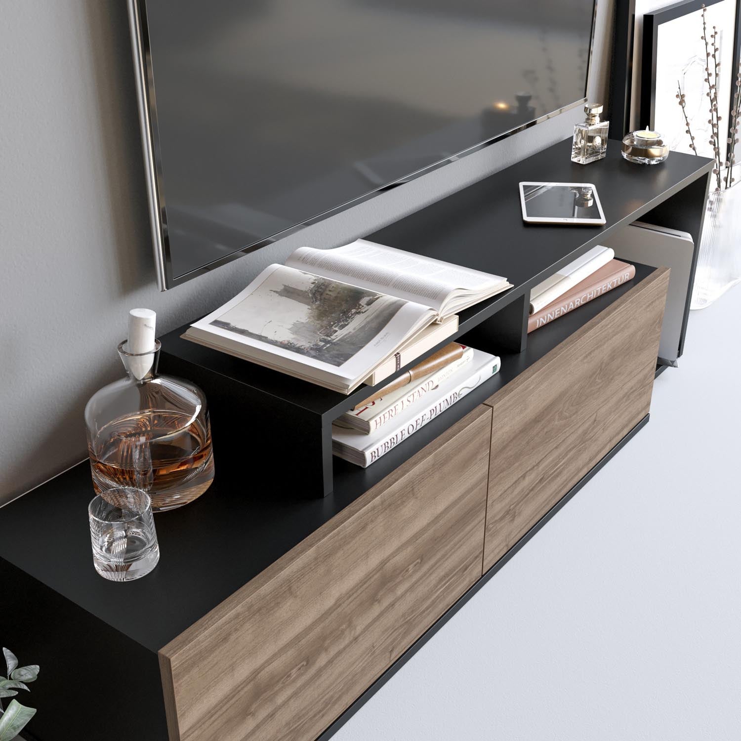 Nexera - Black, Walnut in Schwarznuss präsentiert im Onlineshop von KAQTU Design AG. Sideboard ist von Hanah Home