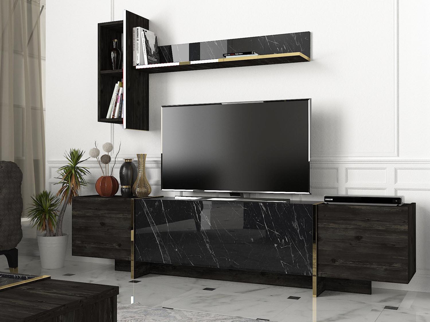 Veyron - Black, Gold in Schwarz Gold präsentiert im Onlineshop von KAQTU Design AG. TV-Möbel ist von Hanah Home