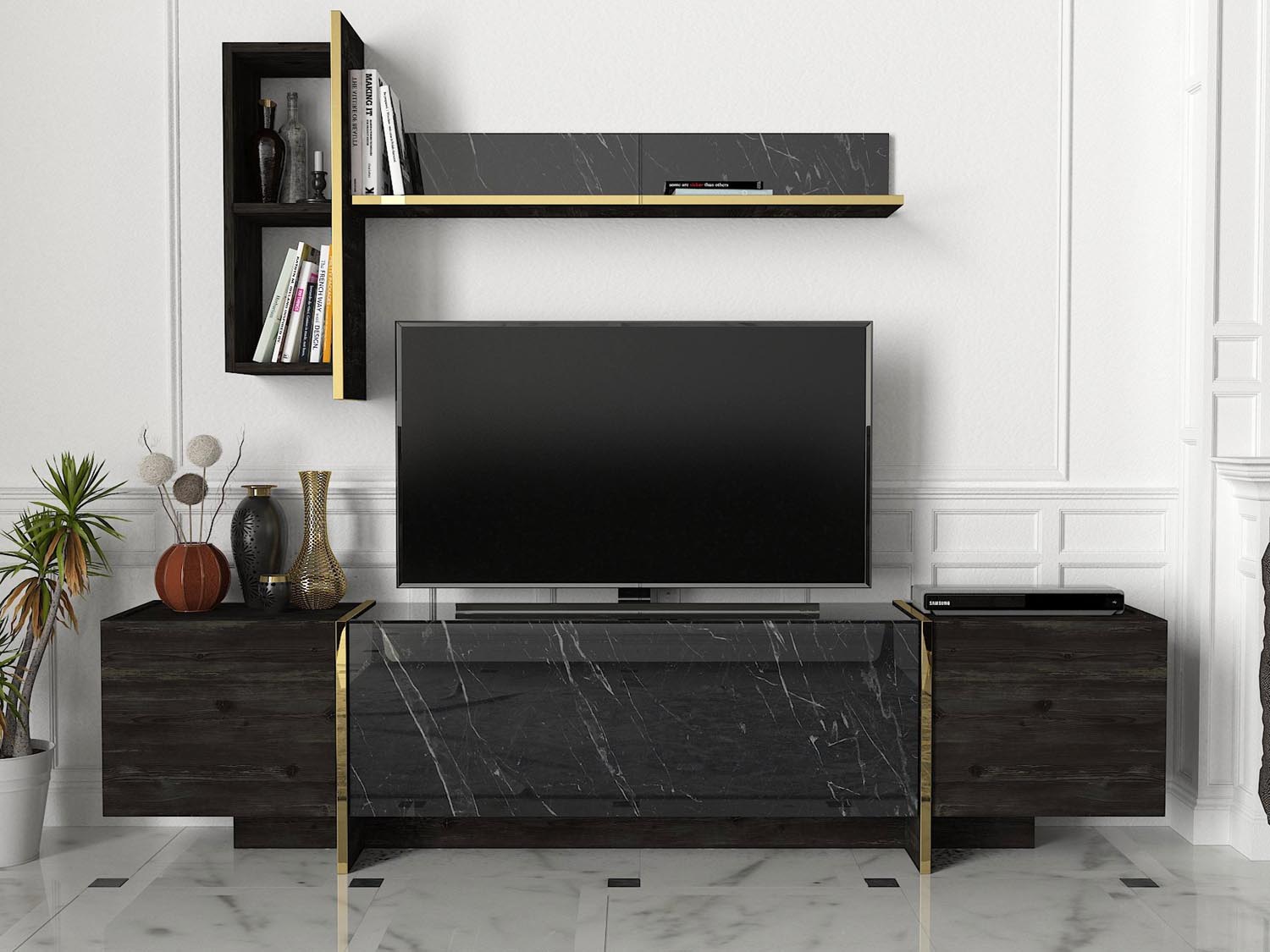 Verleihen Sie Ihrem Wohnzimmer mit dem Veyron TV-Möbel in Schwarz und Gold von Hanah Home einen Hauch von Luxus und Stil. Perfekte Kombination aus Eleganz und Funktionalität.