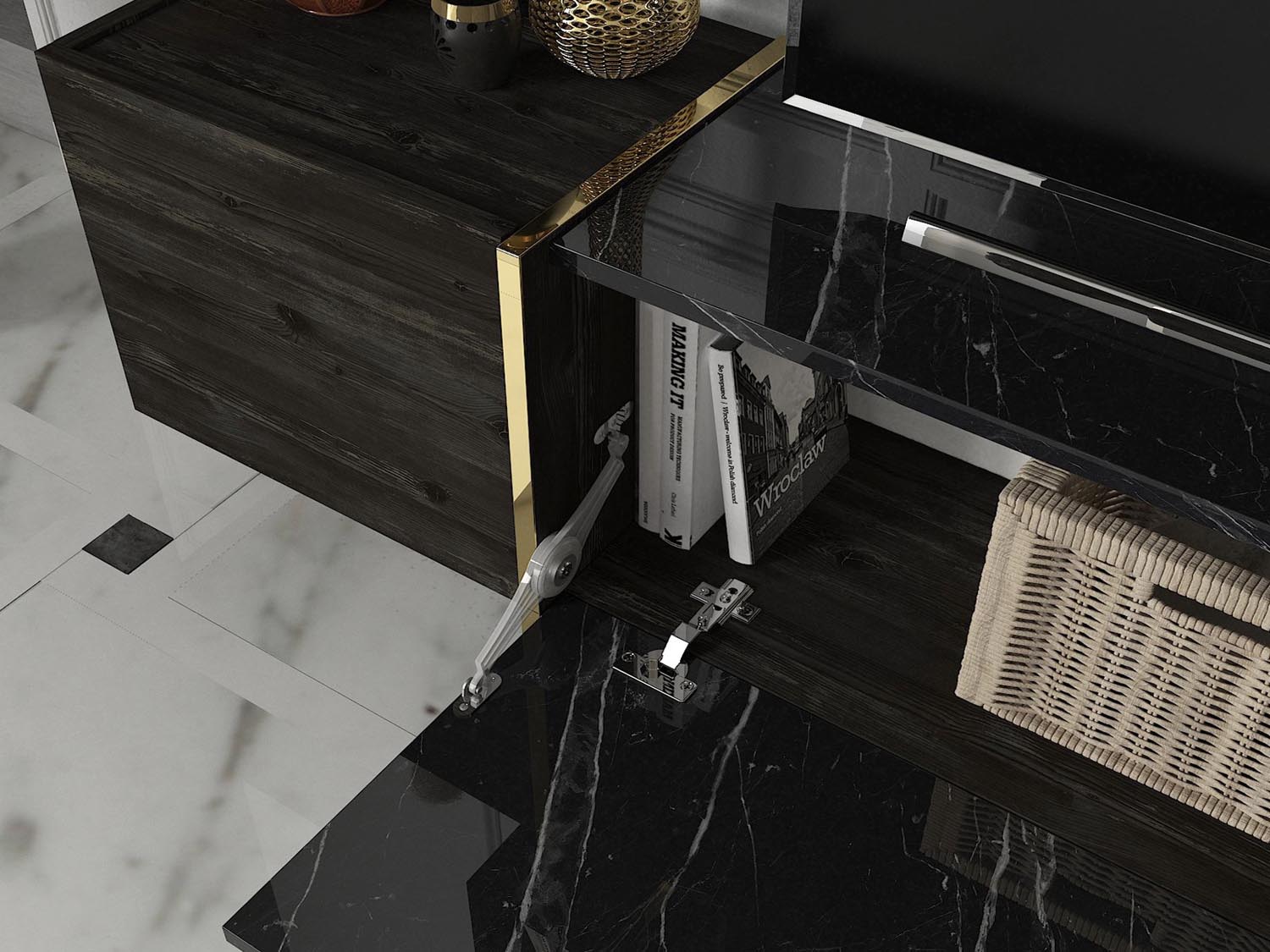 Verleihen Sie Ihrem Wohnraum mit dem Veyron TV-Möbel in Schwarz und Gold von Hanah Home einen Hauch von Luxus und Ordnung. Modernes Design trifft auf praktische Aufbewahrung.
