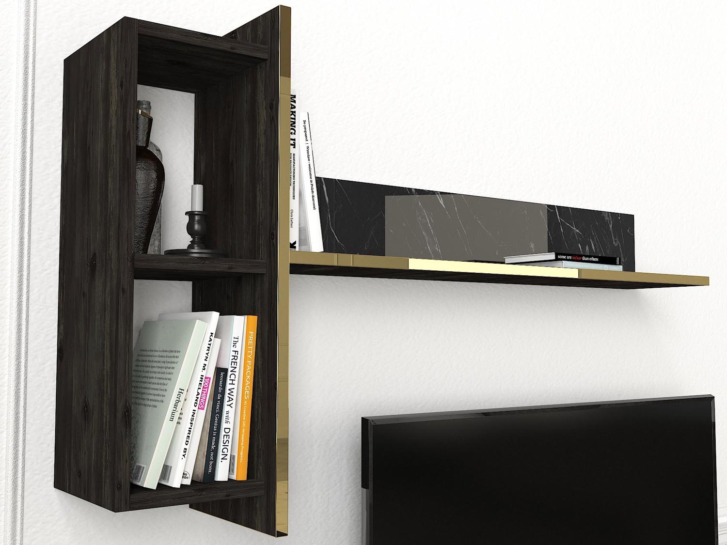 Entdecken Sie das Veyron TV-Möbel von Hanah Home in elegantem Schwarz und Gold. Stilvolles Design kombiniert mit cleverer Stauraumlösung für Ihr Wohnzimmer.