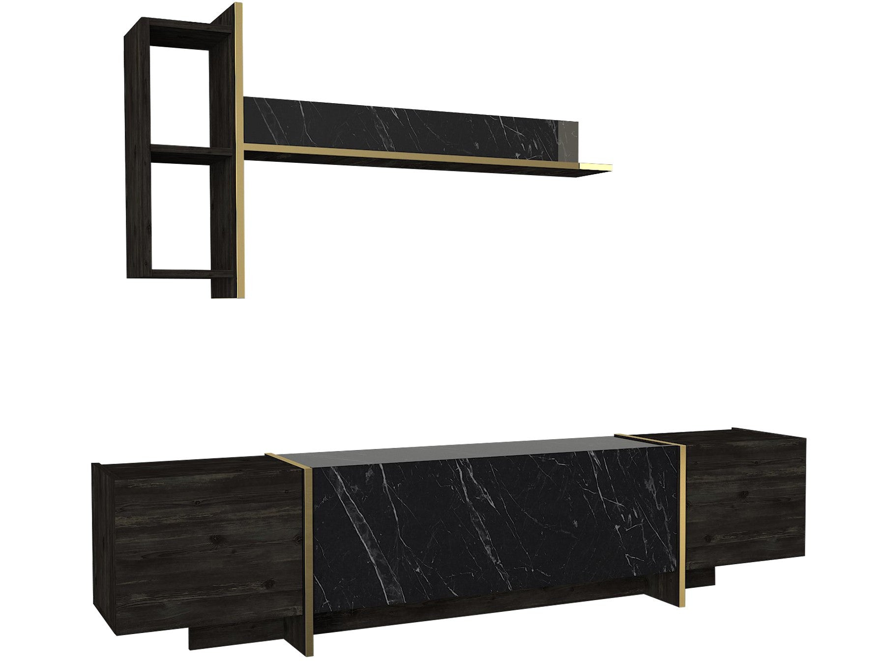 Entdecken Sie das Veyron TV-Möbel von Hanah Home: Eleganz in Schwarz und Gold, ideal für stilvolle Wohnräume mit optimaler Stauraum-Lösung.
