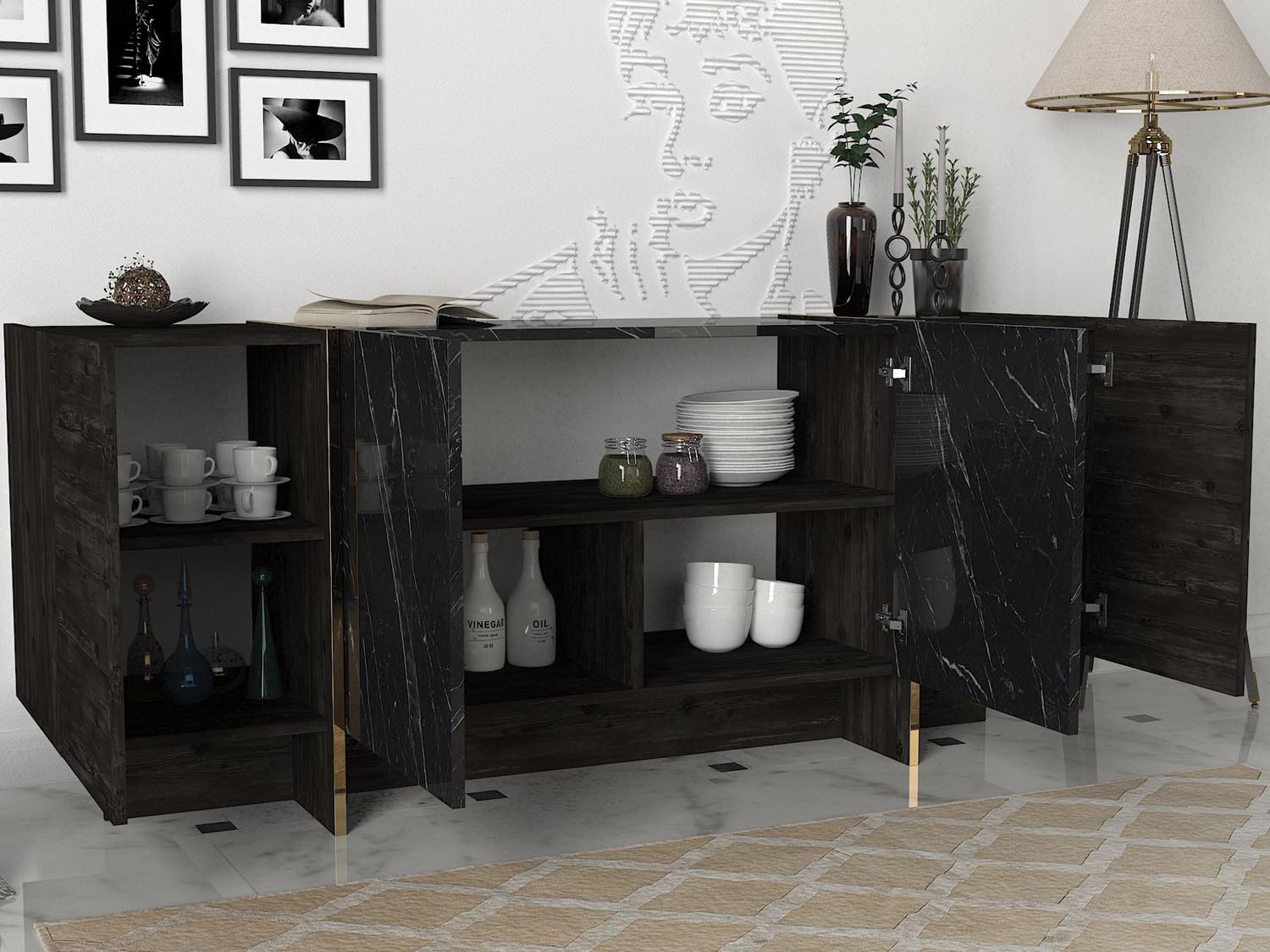 Entdecken Sie das Veyron TV-Möbel von Hanah Home in Schwarz und Gold – ein stilvolles Highlight für Ihr Wohnzimmer, das Eleganz und Stauraum vereint.