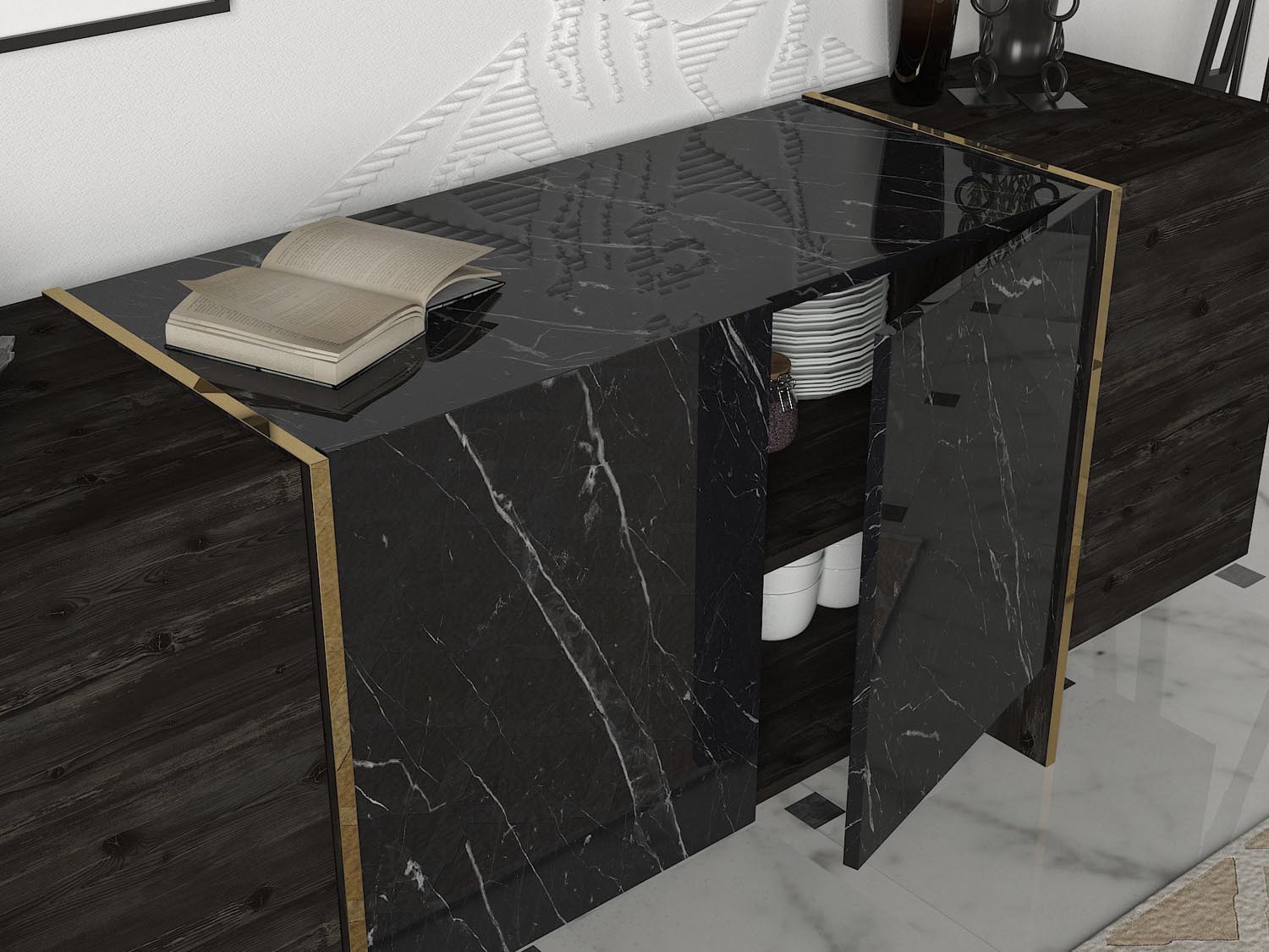 Verleihen Sie Ihrem Wohnraum mit dem Veyron TV-Möbel von Hanah Home in Schwarz und Gold einen Hauch von Luxus und Funktionalität.