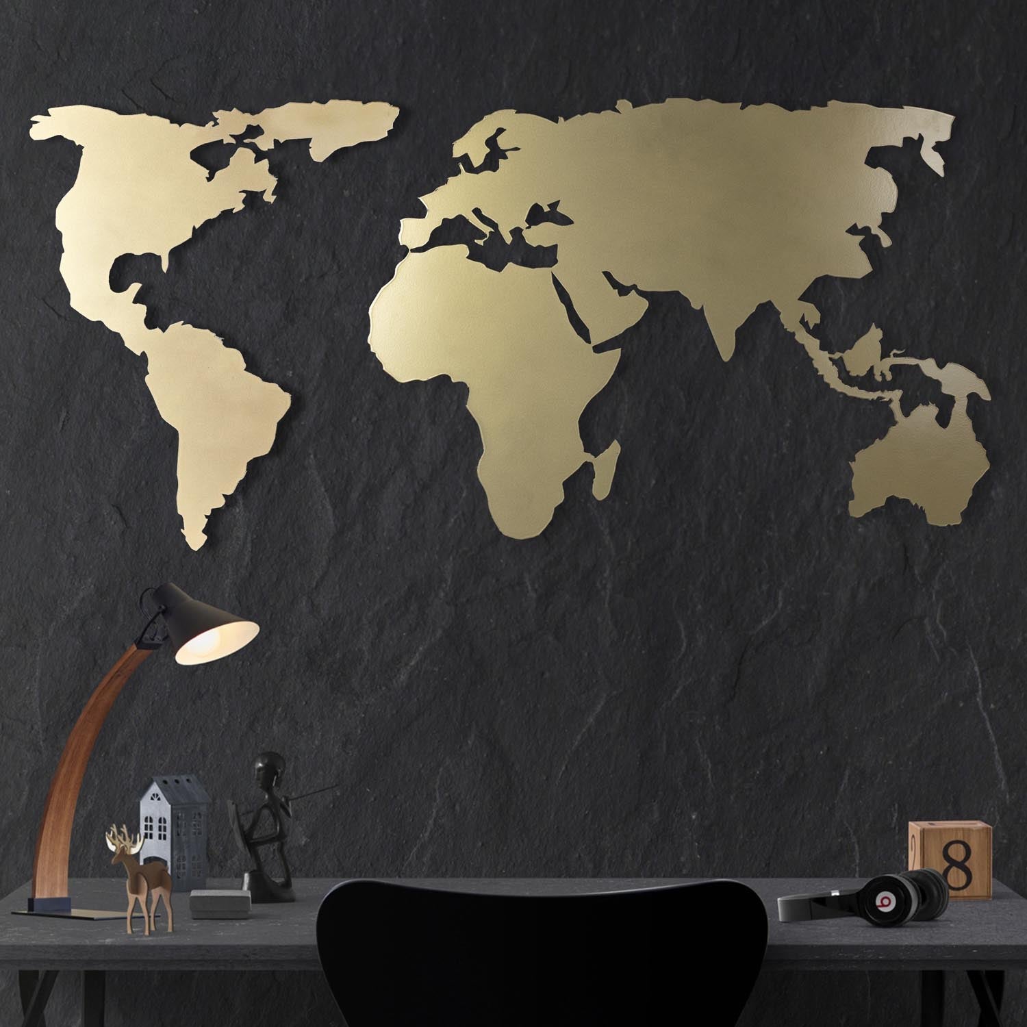 World Map Silhouette - Gold in Gold präsentiert im Onlineshop von KAQTU Design AG. Wanddeko ist von Wallity