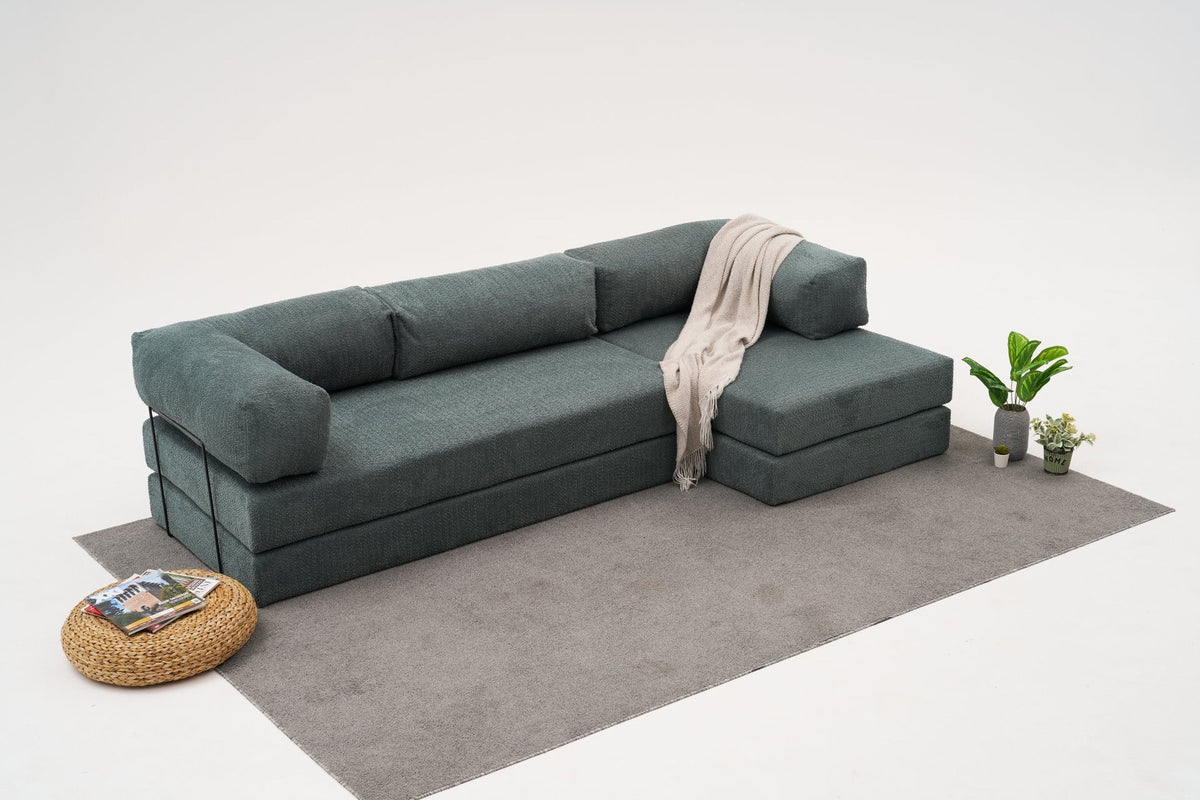 Grünes Ecksofa Comfort von Atelier Del Sofa mit Chenille-Bezug, L-Form, sichtbare Polsterung und Sitzfläche aus Weichschaum.