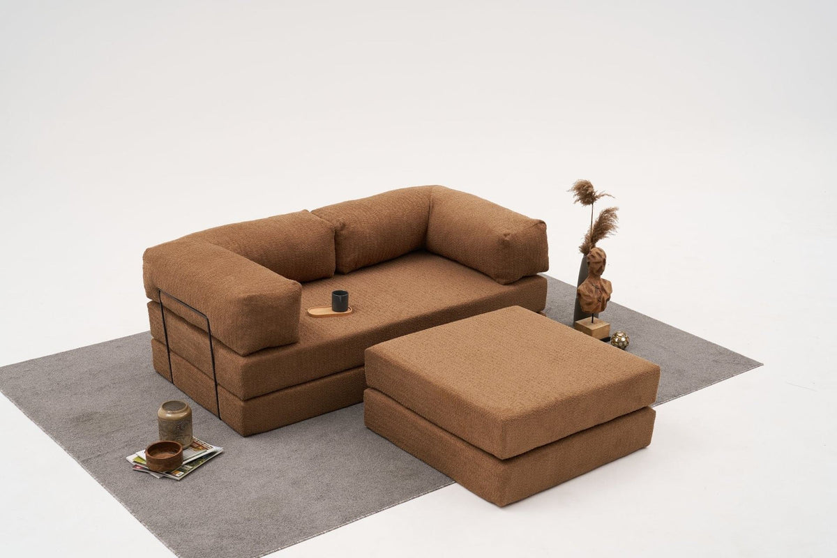 Comfort Mini-Ecksofa von Atelier Del Sofa in Braun, Ecksofa mit Chenille-Bezug, kompakte Form, ausgeklappt als Bettfunktion sichtbar