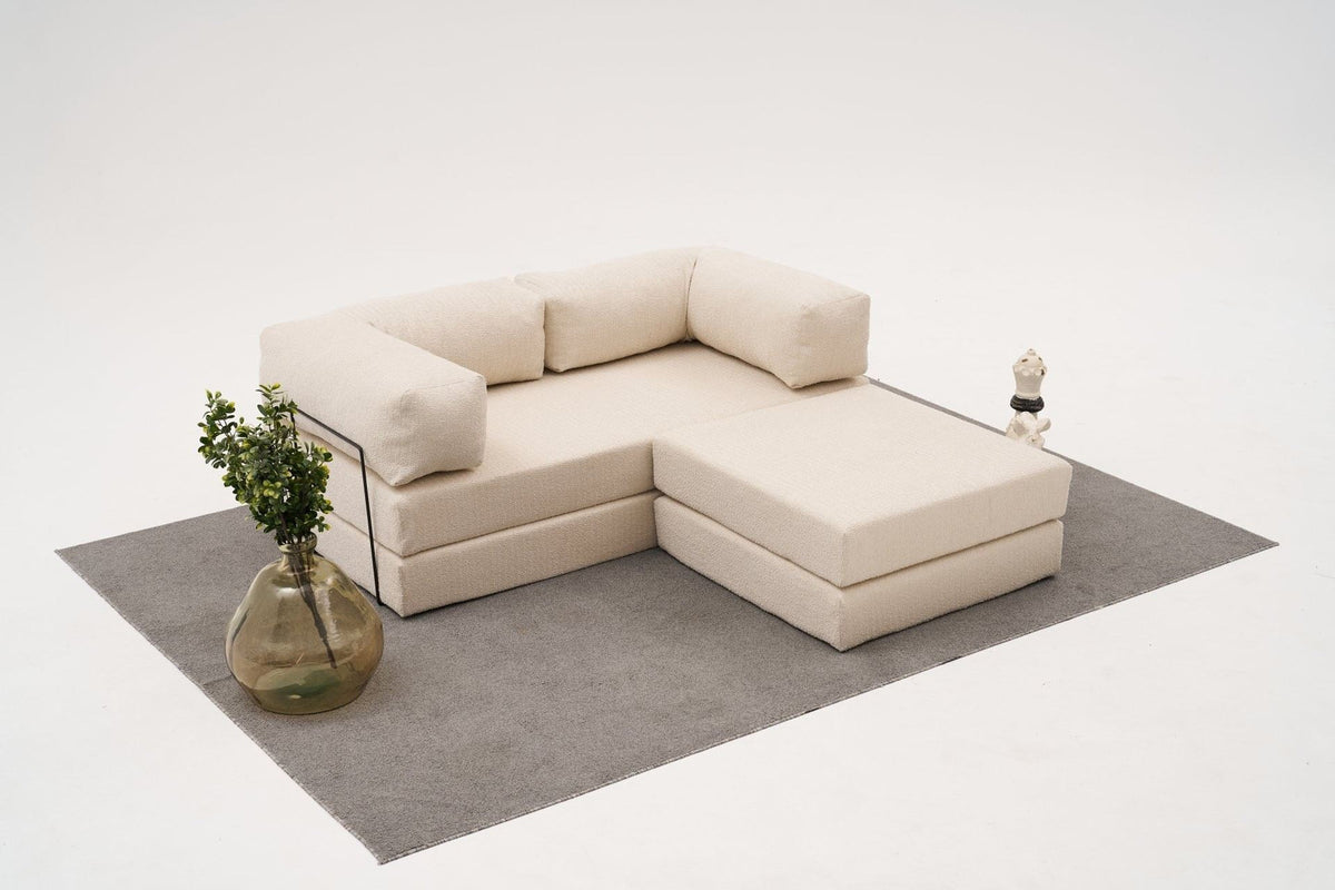 Comfort Mini-Ecksofa von Atelier Del Sofa in Creme, Bezug aus 100% Chenille, kompaktes Ecksofa mit ausziehbarer Liegefläche, Masse 190 x 95 x 75 cm