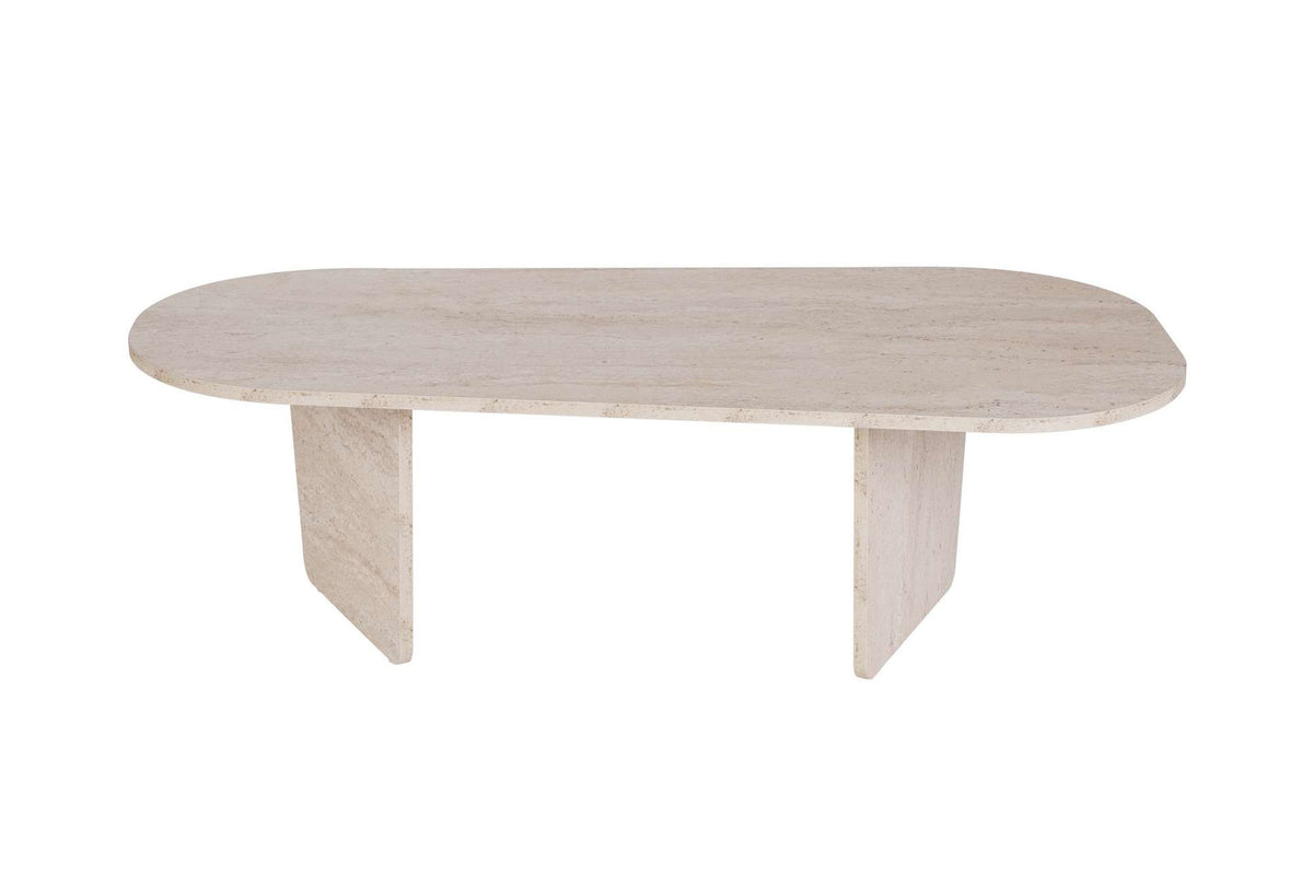 Ovaler Couchtisch aus melaminbeschichteter Spanplatte in Travertin-Farbe, Masse 130 x 65 x 40 cm, Hersteller Nordure.