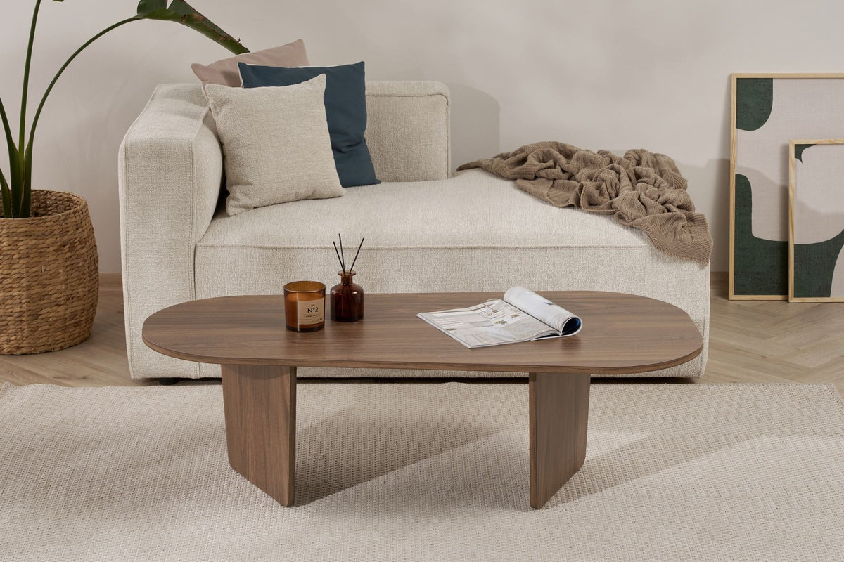 Ovaler Couchtisch in Nussbaumfarbe mit Melaminbeschichtung, Masse 130 x 65 x 40 cm, Modell Ovalis von Nordure.