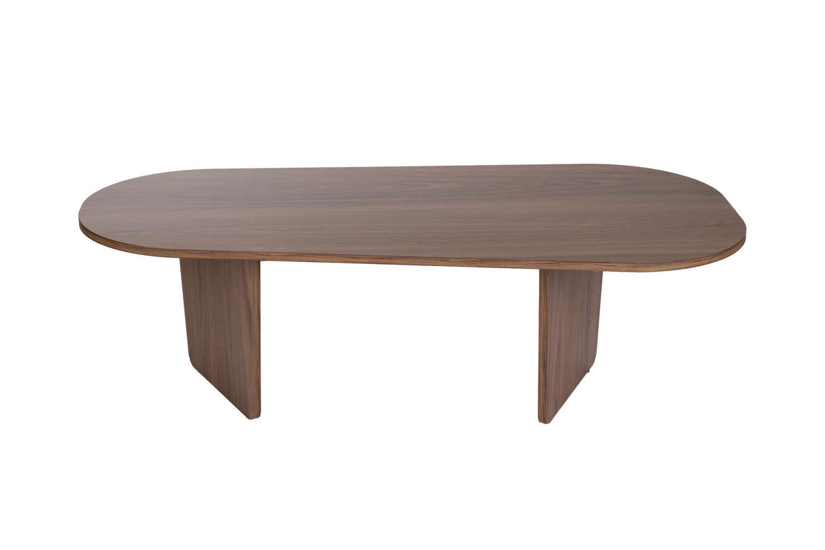Ovaler Couchtisch in Nussbaumfarbe mit Melaminbeschichtung, Masse 130 x 65 x 40 cm, Modell Ovalis von Nordure.