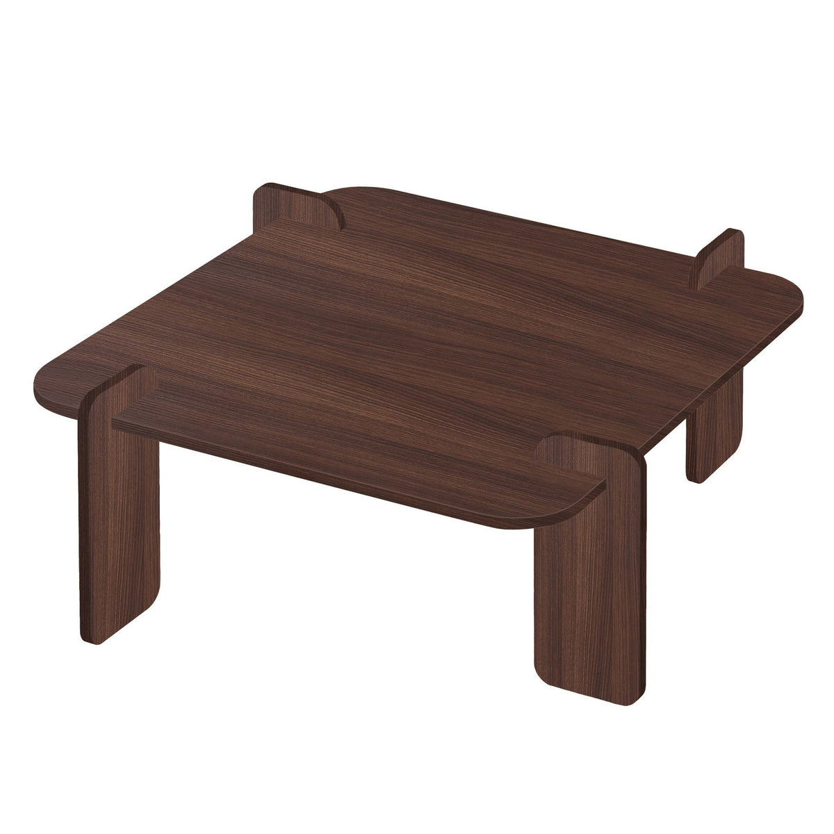 Quadratischer Couchtisch aus melaminbeschichteter Spanplatte in Nussbaum-Optik, Abmessungen 117 x 117 x 35 cm, Modell Marais von Nordure.