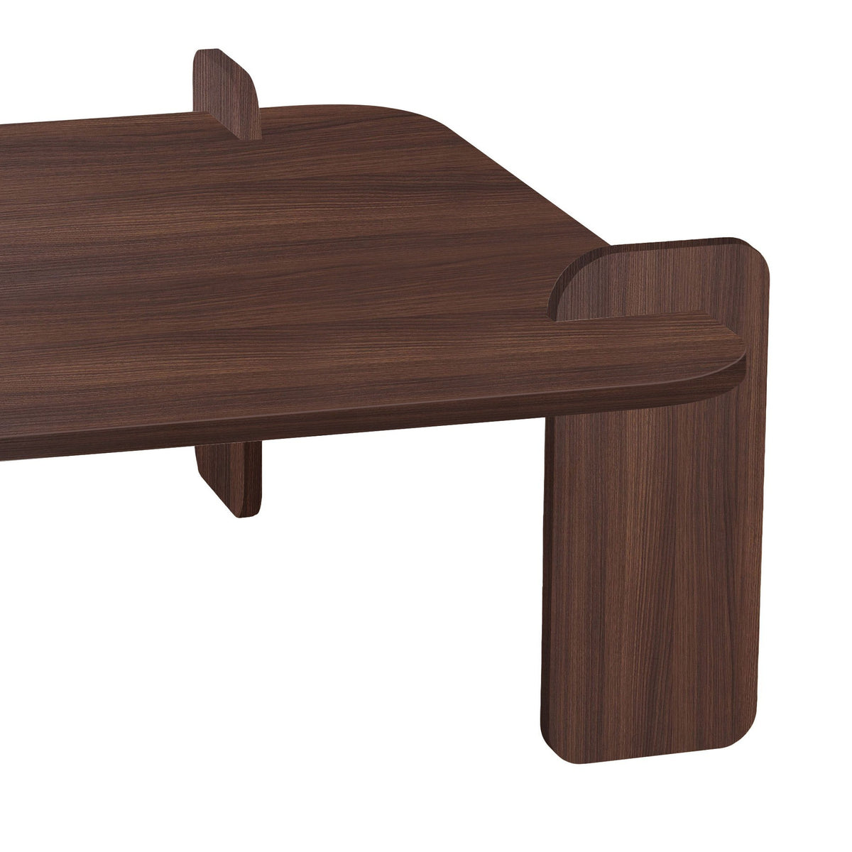 Quadratischer Couchtisch aus melaminbeschichteter Spanplatte in Nussbaum-Optik, Abmessungen 117 x 117 x 35 cm, Modell Marais von Nordure.