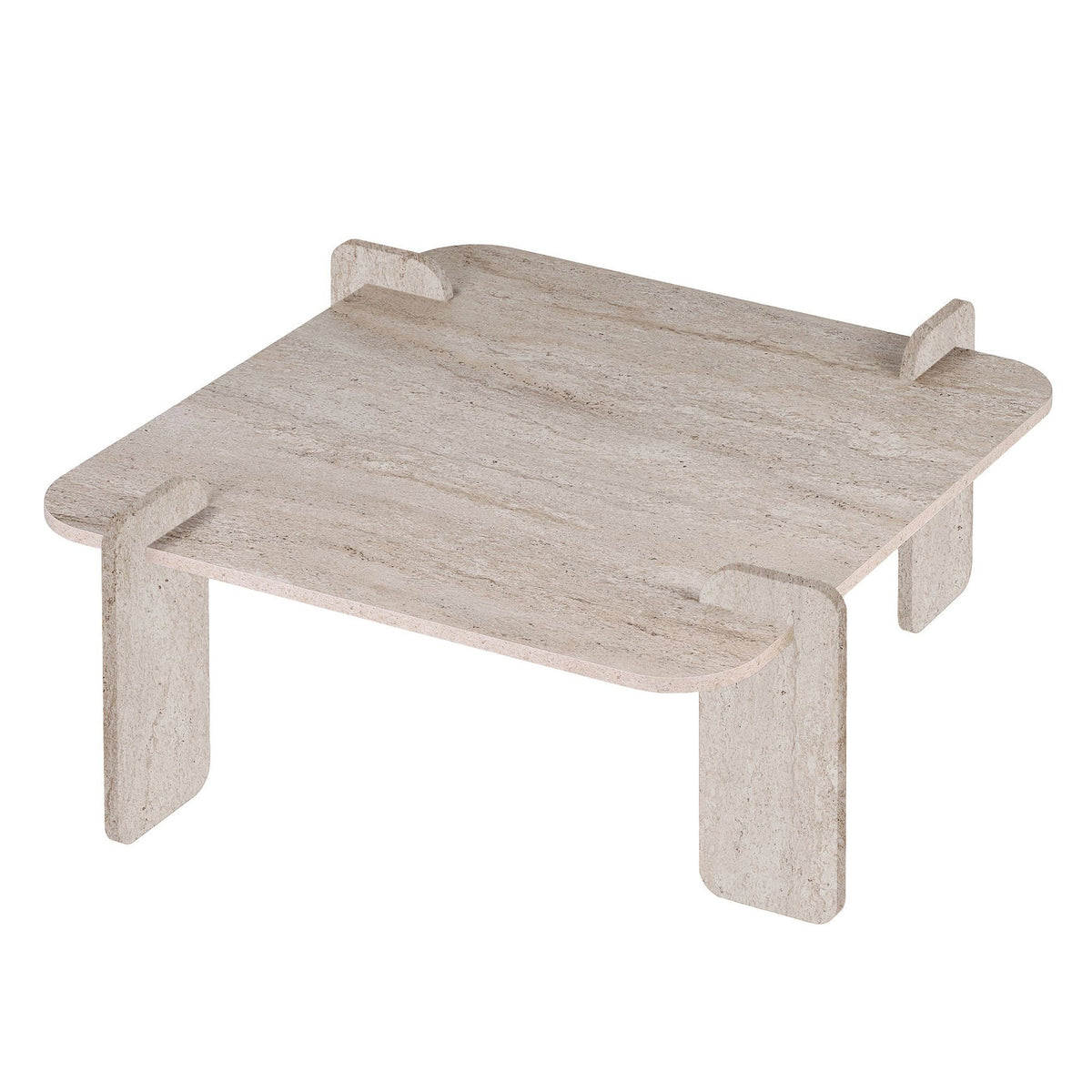Quadratischer Couchtisch Marais von Nordure in Travertin-Optik, melaminbeschichtete Spanplatte, schlichtes Design mit gerader Tischplatte
