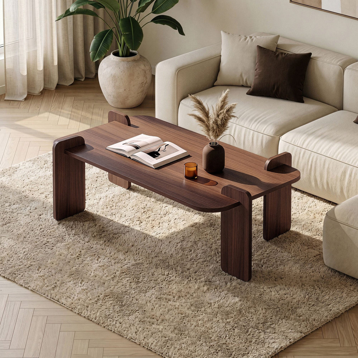 Couchtisch Renard in Nussbaum Milano von Nordure, rechteckige Tischplatte aus melaminbeschichteter Spanplatte, schlichtes Design.
