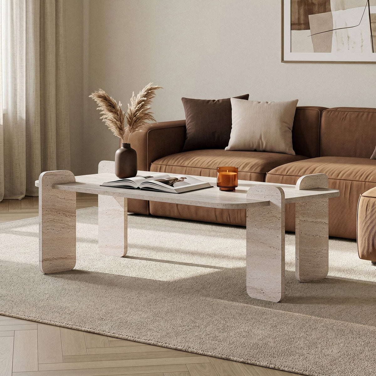 Renard Couchtisch von Nordure in Travertin-Optik, rechteckige Form, Spanplatte mit Melaminbeschichtung, Masse 147 x 87 x 35 cm.