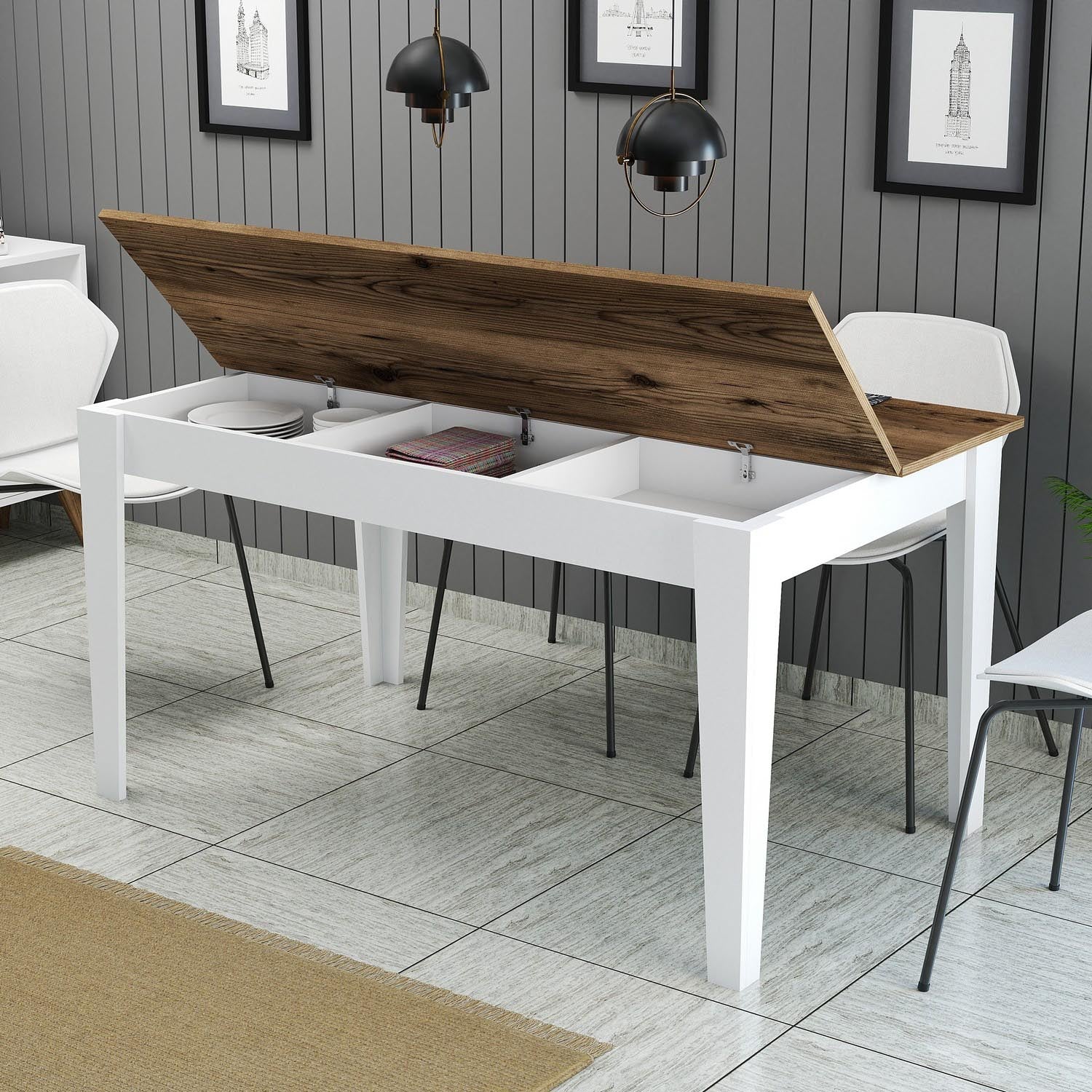 Milan 520 - Walnut, White in Walnuss Weiss präsentiert im Onlineshop von KAQTU Design AG. Esstisch ist von Hanah Home