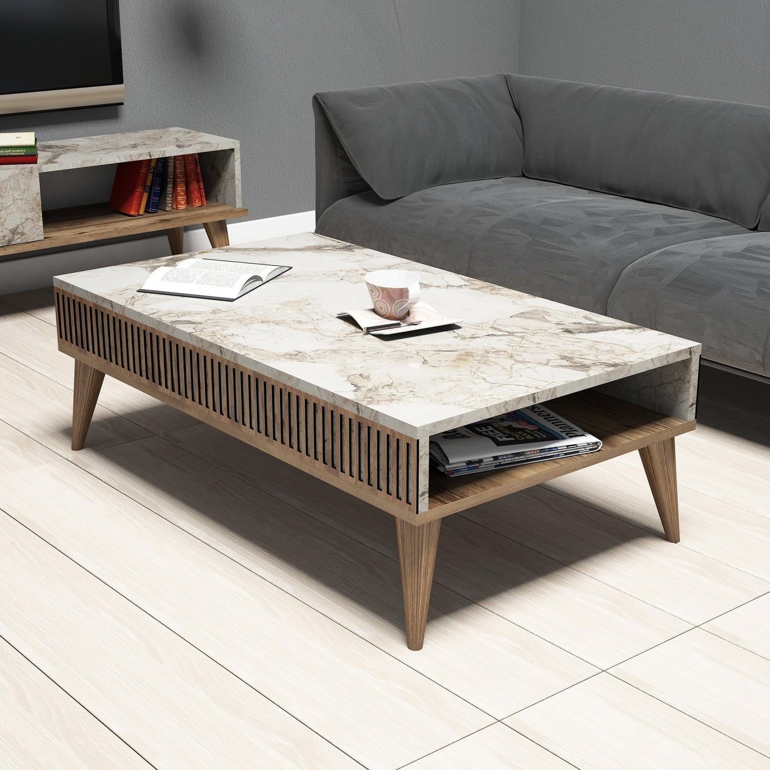 Milan - Walnut, White Marble in Walnuss Weiss präsentiert im Onlineshop von KAQTU Design AG. Beistelltisch ist von Hanah Home