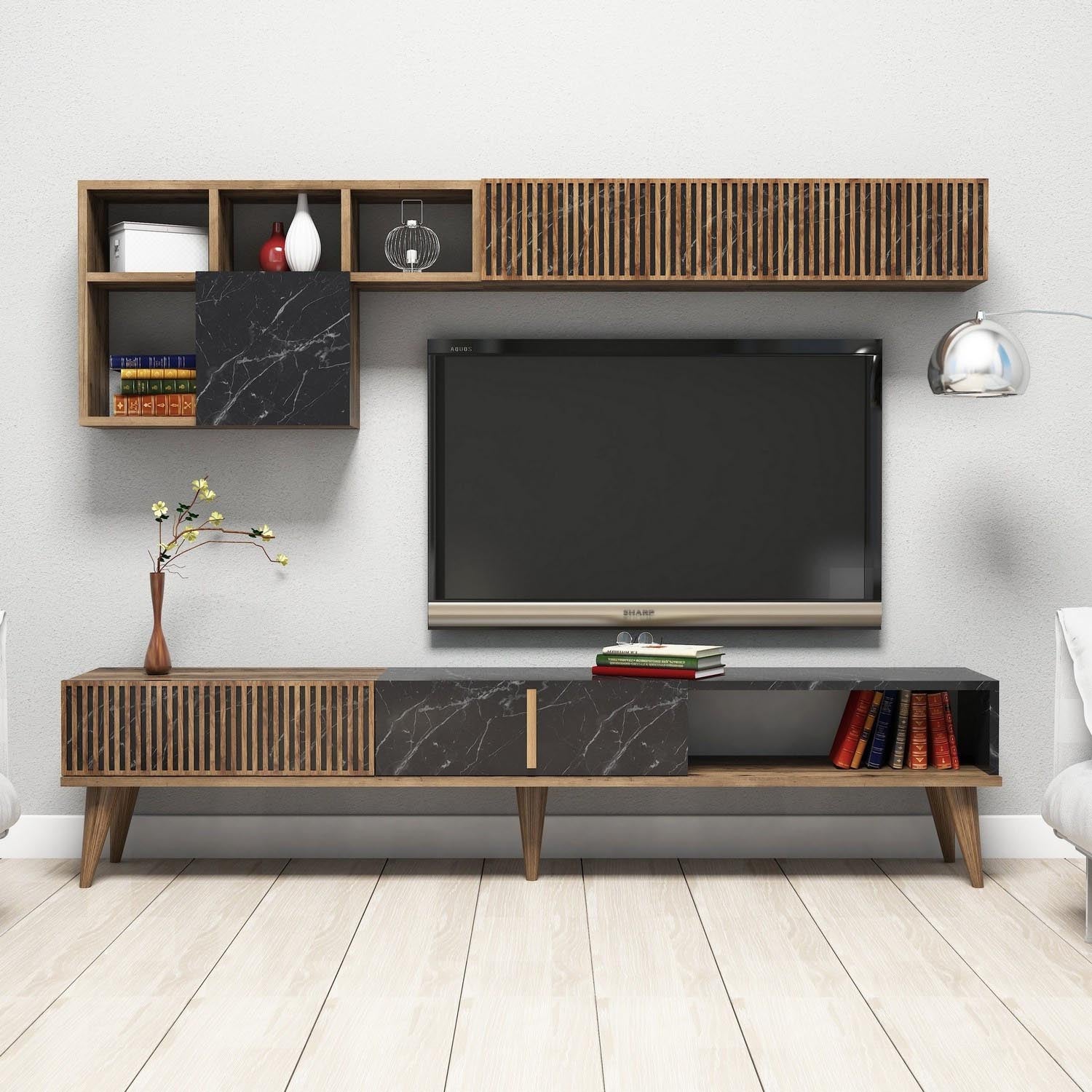 Milan - Walnut, Black in Walnuss Schwarz präsentiert im Onlineshop von KAQTU Design AG. TV-Möbel ist von Hanah Home