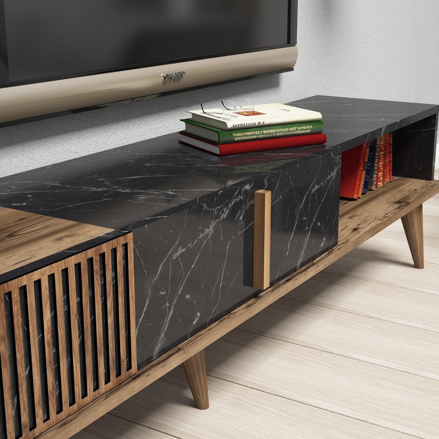 Milan - Walnut, Black in Walnuss Schwarz präsentiert im Onlineshop von KAQTU Design AG. TV-Möbel ist von Hanah Home