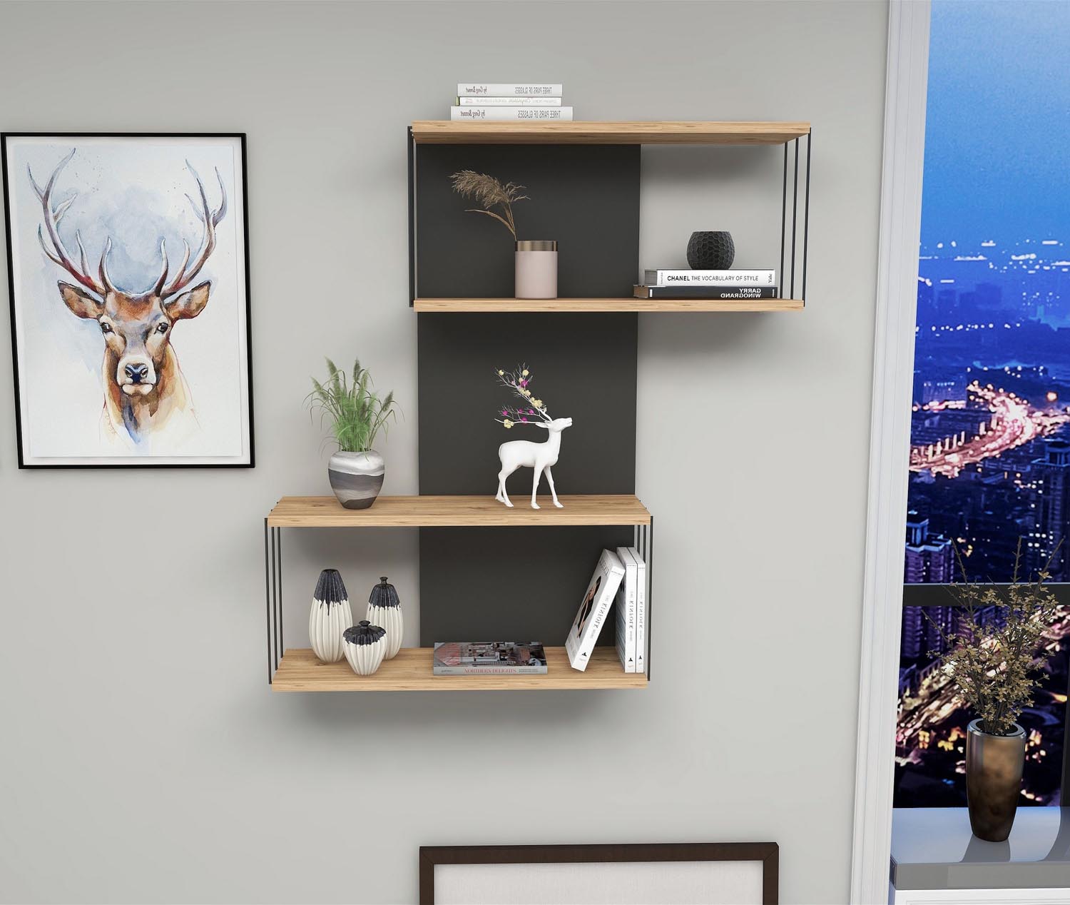 Destan - Anthracite, Pine in Anthrazit Eiche präsentiert im Onlineshop von KAQTU Design AG. Wandregal ist von Hanah Home