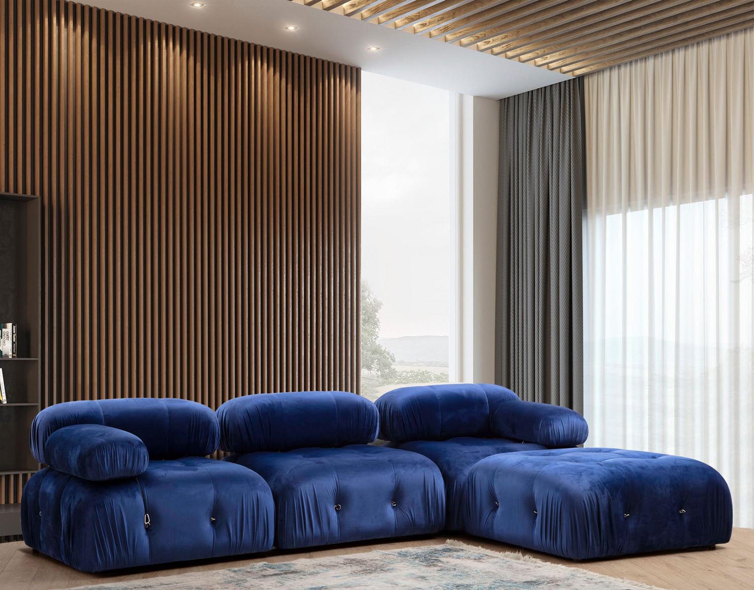 Bubble Velvet Blue L1-O1-1R-PUF in Samtblau präsentiert im Onlineshop von KAQTU Design AG. Ecksofa ist von Atelier Del Sofa