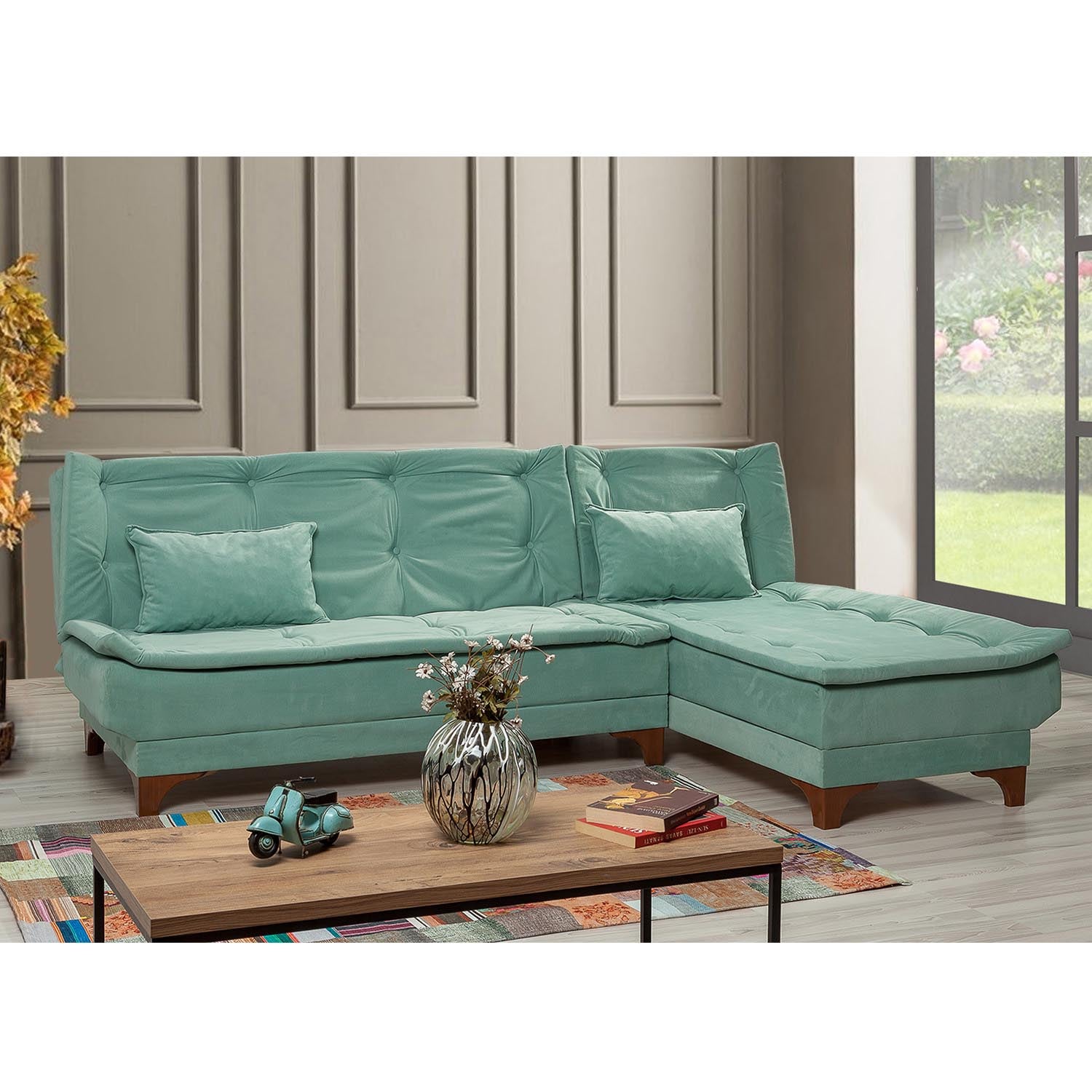 Kelebek Corner Right - Sea Green in Meeresgrün präsentiert im Onlineshop von KAQTU Design AG. Bettsofa ist von Atelier Del Sofa
