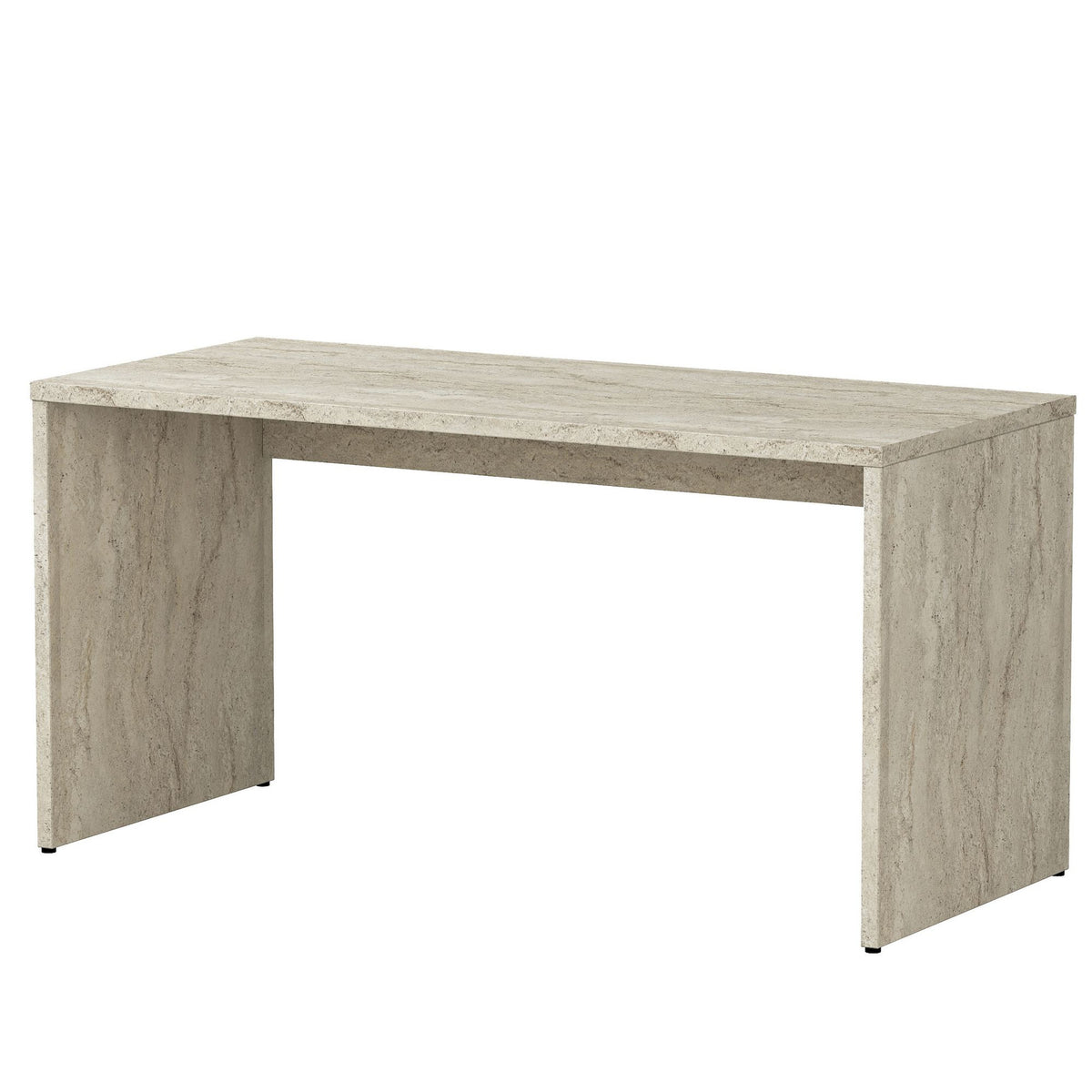 Dreiteiliges Couchtisch-Set in Travertin-Optik von Hanah Home, bestehend aus einem grossen Tisch und zwei kleineren Beistelltischen aus melaminbeschichteter Spanplatte.