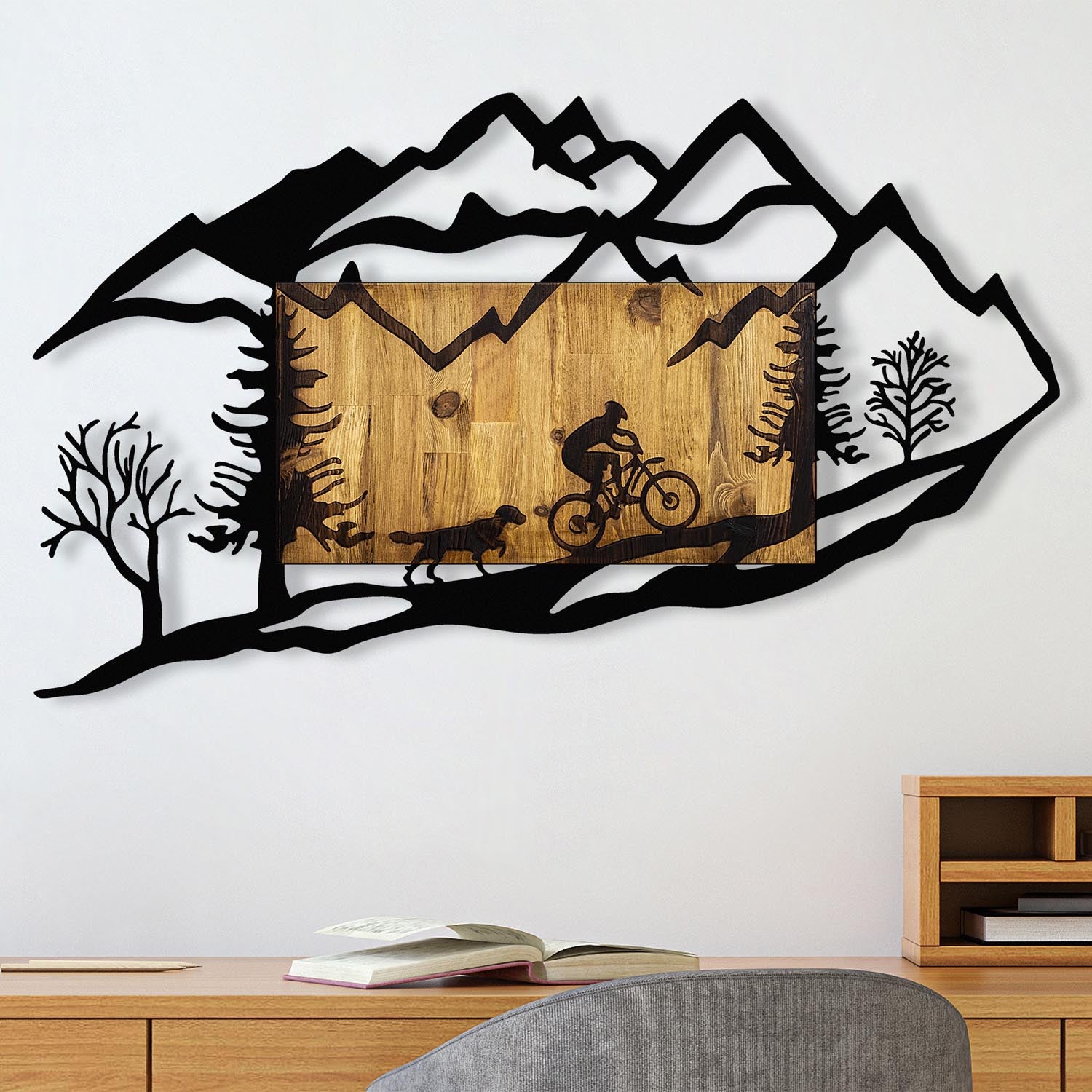 Bicycle Riding in Nature 1 in Walnuss Schwarz präsentiert im Onlineshop von KAQTU Design AG. Wanddeko ist von Wallity