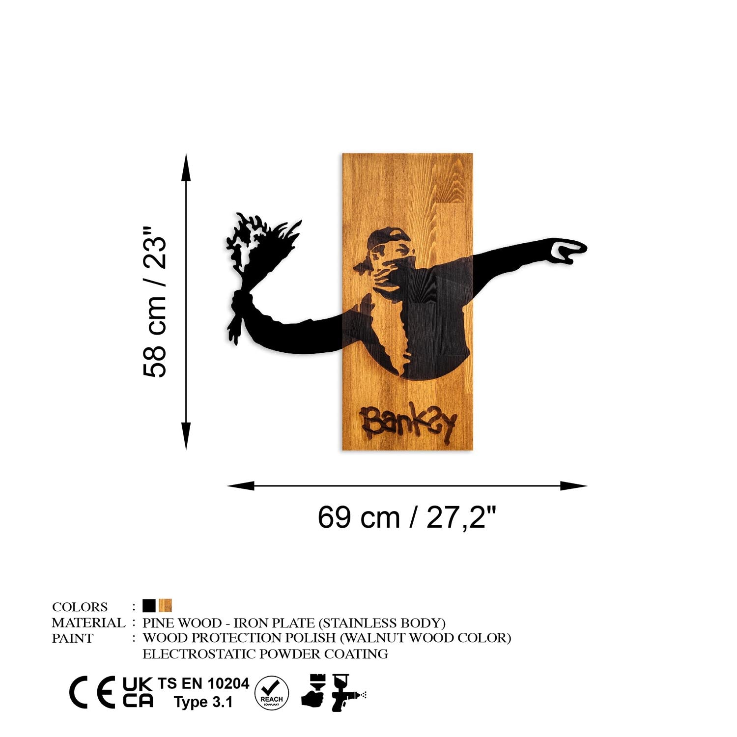 Banksy - Flower Thrower in Walnuss Schwarz präsentiert im Onlineshop von KAQTU Design AG. Wanddeko ist von Wallity