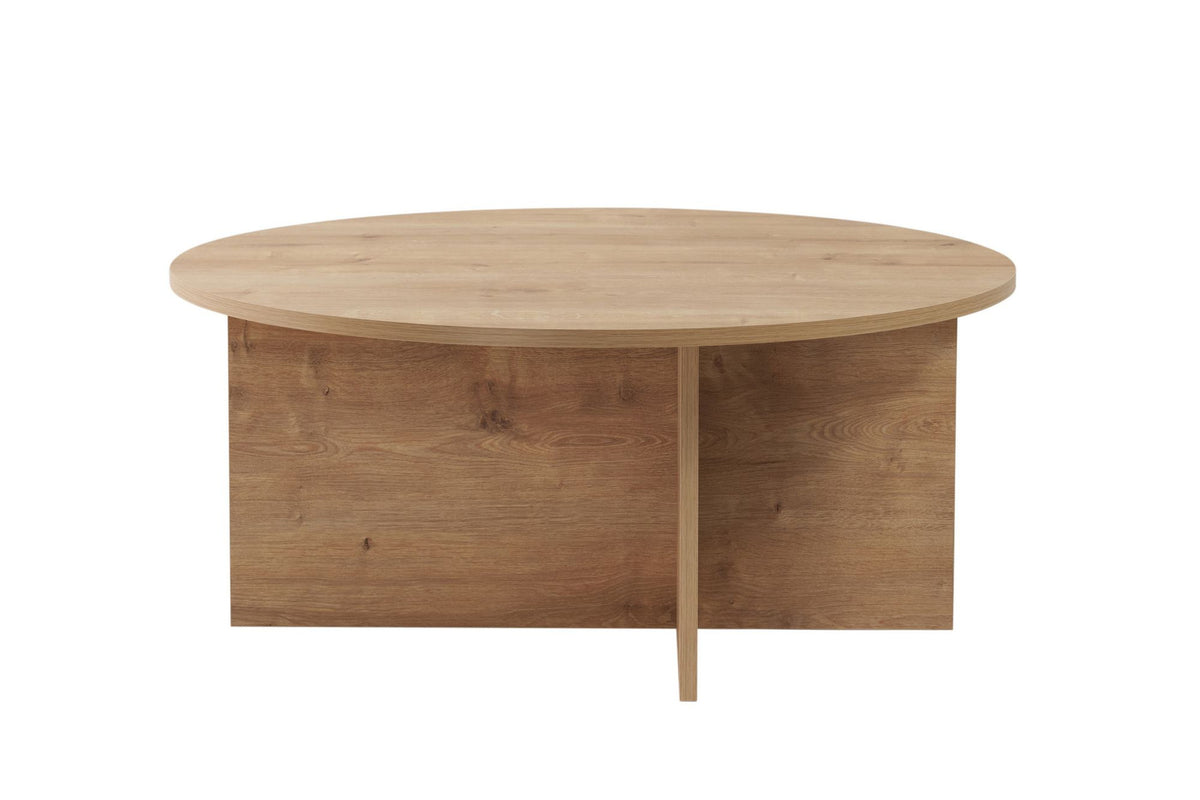 Quadratischer Couchtisch in Saphir-Eiche mit schlanker Tischplatte aus melaminbeschichteter Spanplatte, Masse 90x90x40 cm, Hersteller Nordure.