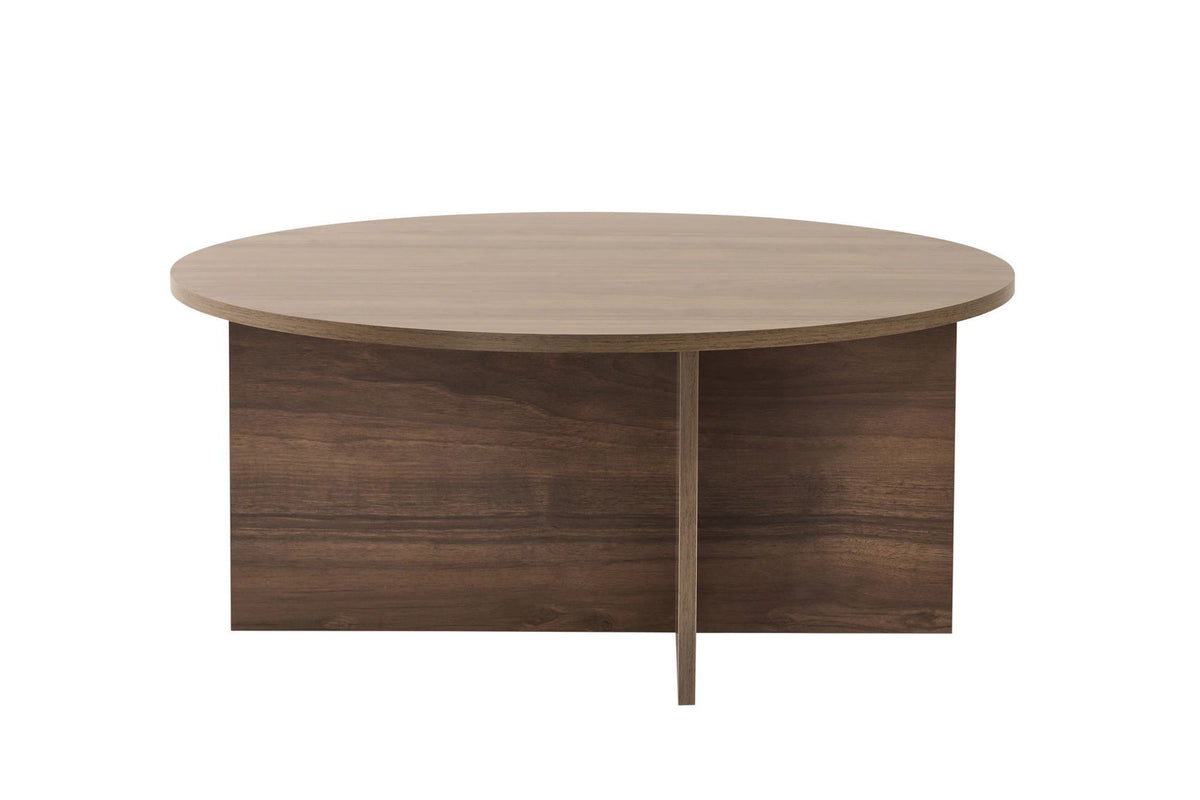 Quadratischer Couchtisch Soleil von Nordure in Venezia Nussbaum aus melaminbeschichteter Spanplatte, Masse 90 x 90 x 40 cm.