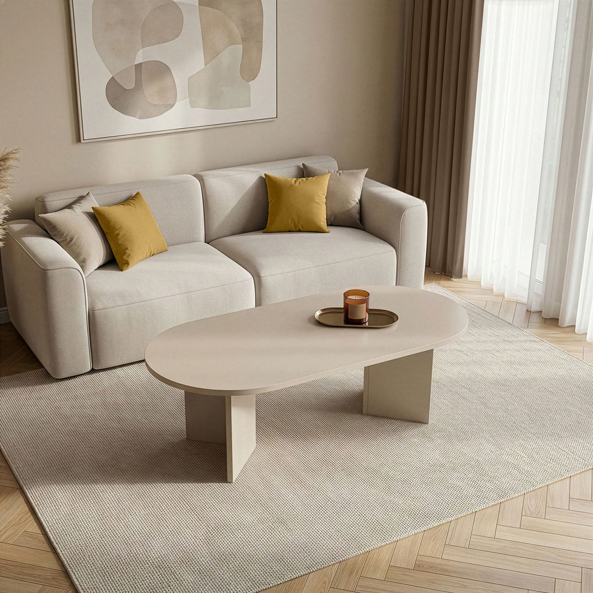Rechteckiger Couchtisch in Mink aus melaminbeschichteter Spanplatte, 119 cm breit, 60 cm tief, 40 cm hoch, von Nordure.