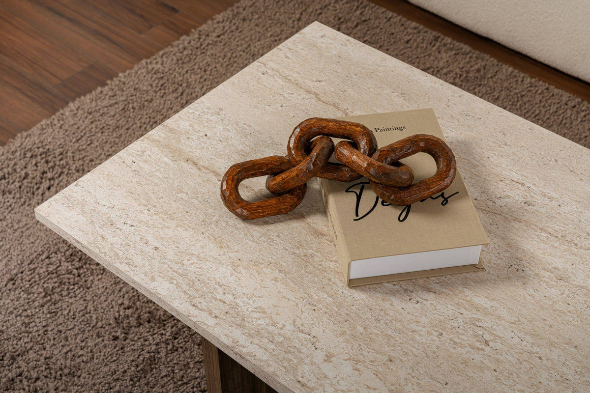 Couchtisch aus melaminbeschichteter Spanplatte in Travertin-Optik mit Venezia-Walnuss-Dekor, rechteckige Form, schlanke Beine, Nordure Sabin Serie.