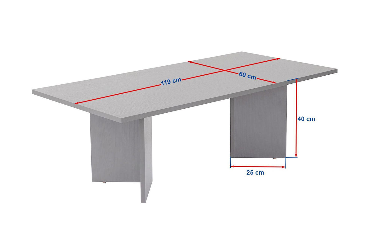 Couchtisch aus melaminbeschichteter Spanplatte in Travertin-Optik mit Venezia-Walnuss-Dekor, rechteckige Form, schlanke Beine, Nordure Sabin Serie.