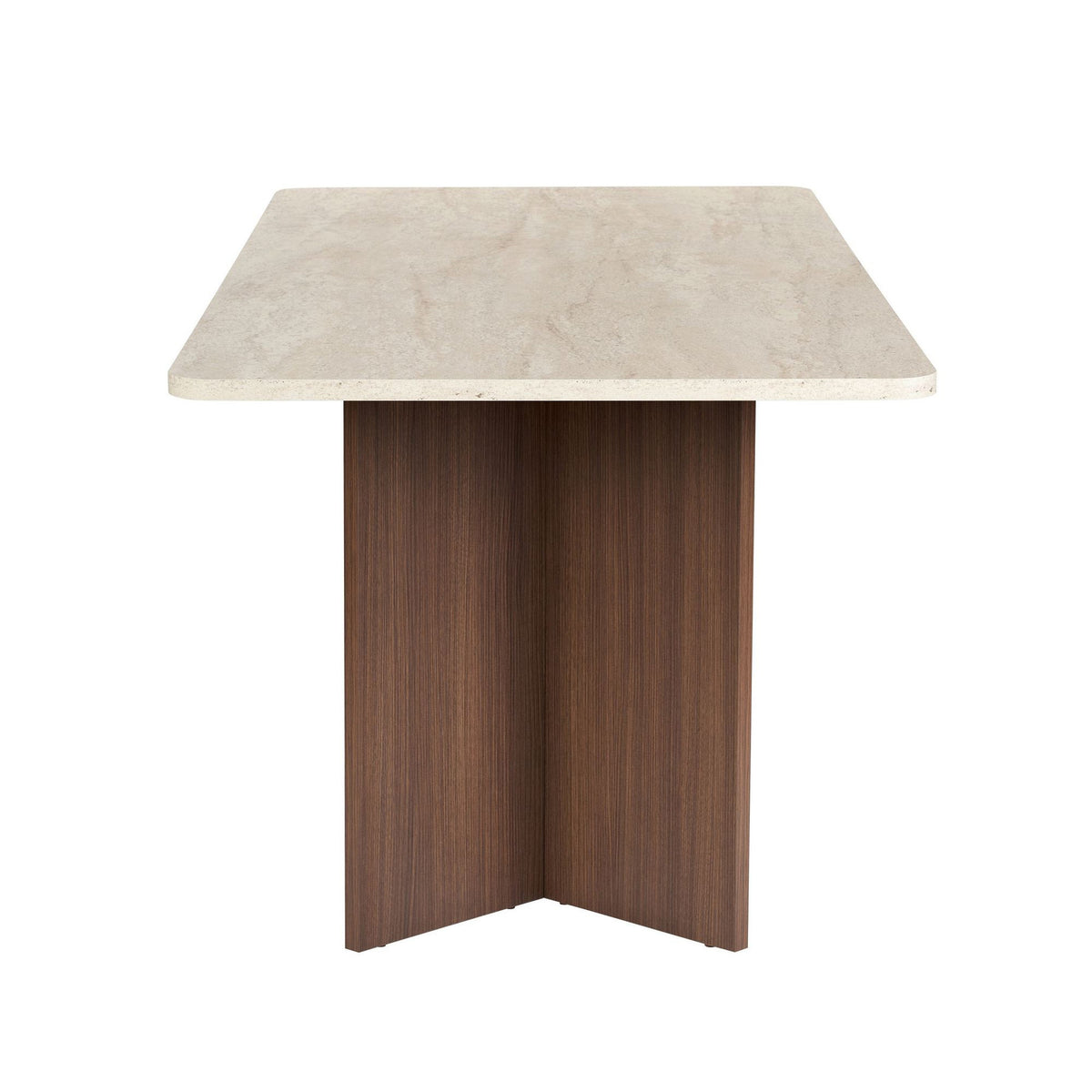 Esstisch Linza von Nordure mit Tischplatte in Travertin- und Milano-Nussbaum-Optik, Masse 180 x 90 x 75 cm, Spanplatte 25 mm stark.