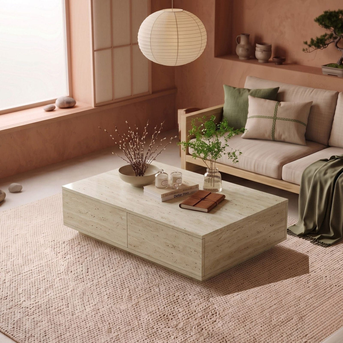 Couchtisch Ave14-T von Hanah Home in Travertin-Optik, rechteckige Form aus Melaminspanplatte, Masse 90 x 60 x 28,6 cm.