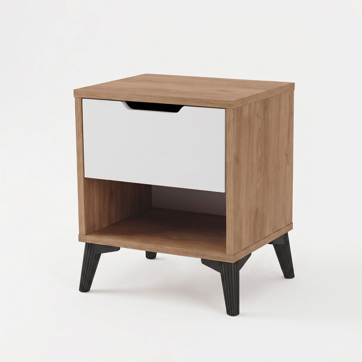 Nachttisch Vel3-Sw von Hanah Home in Eiche/Weiss aus melaminbeschichteter Spanplatte, mit offenem Regal und Kunststoffbeinen, Ansicht seitlich.
