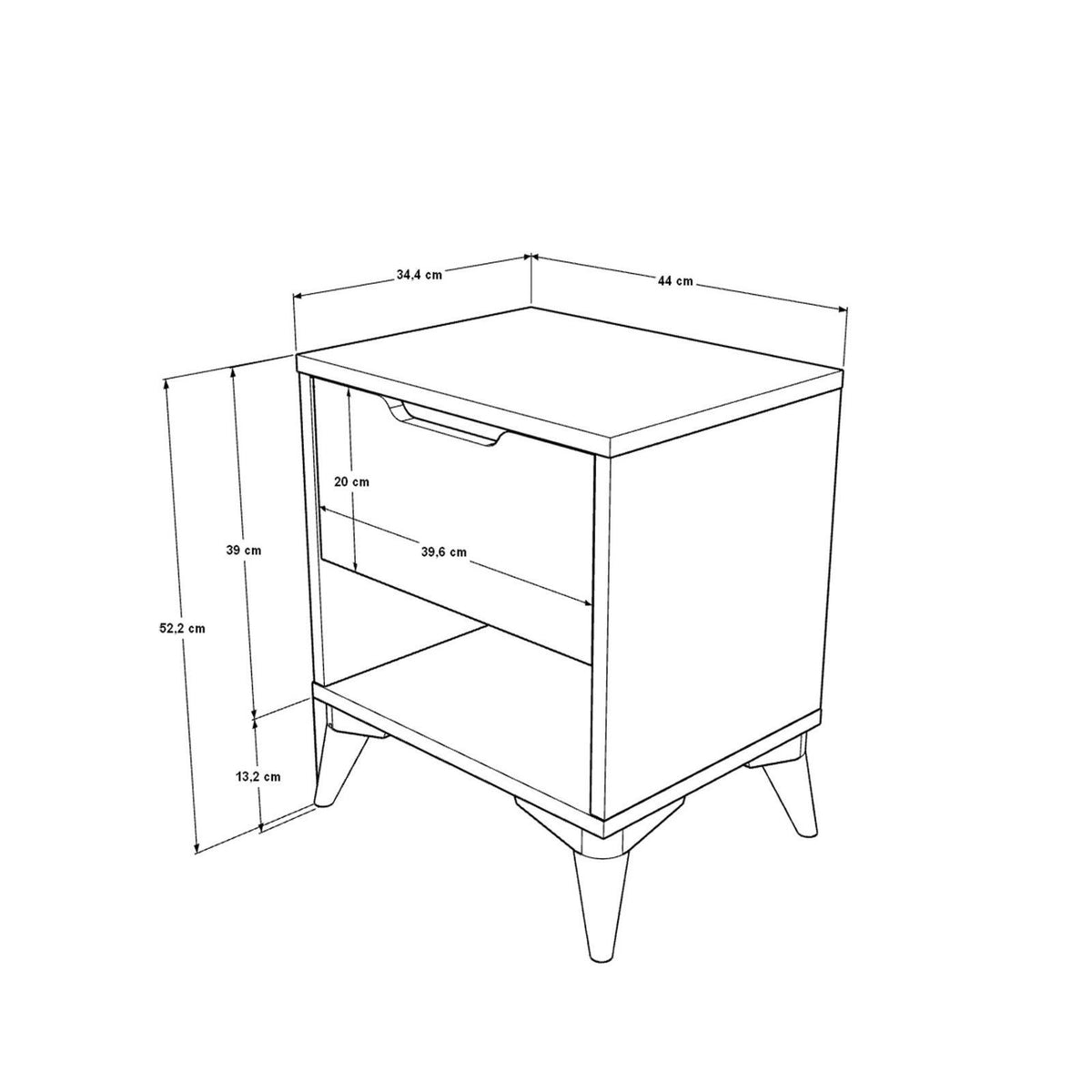 Nachttisch Vel3-Sw von Hanah Home in Eiche/Weiss aus melaminbeschichteter Spanplatte, mit offenem Regal und Kunststoffbeinen, Ansicht seitlich.