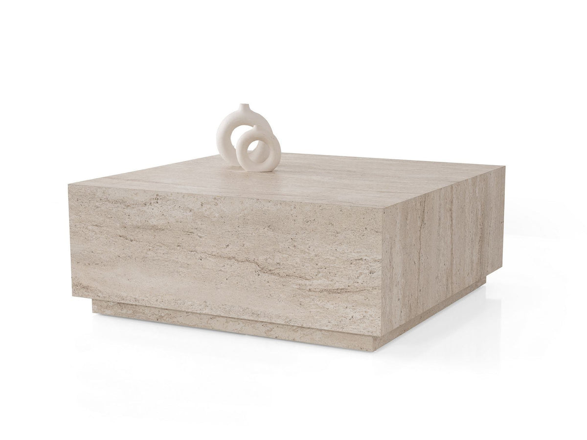 Quadratischer Couchtisch Lizbon in Travertin-Optik mit Spanplattenbeinen, melaminbeschichtete Oberfläche, Hanah Home Design