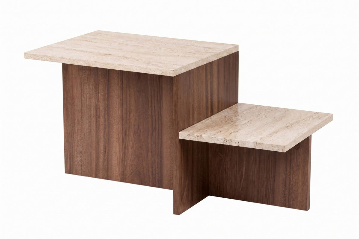 Couchtisch mit Tischplatte in Travertin-Optik und Gestell in Venezia-Nussbaum-Farbe, rechteckige Form, Melaminspanplatte, 80x40x40 cm.