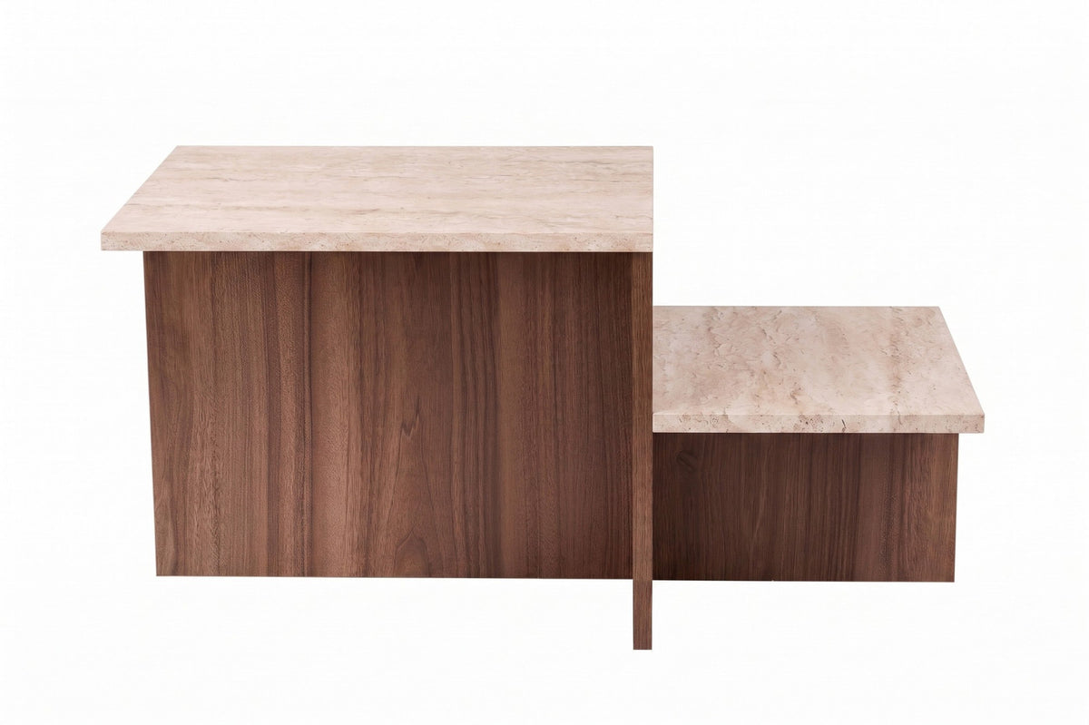 Couchtisch mit Tischplatte in Travertin-Optik und Gestell in Venezia-Nussbaum-Farbe, rechteckige Form, Melaminspanplatte, 80x40x40 cm.