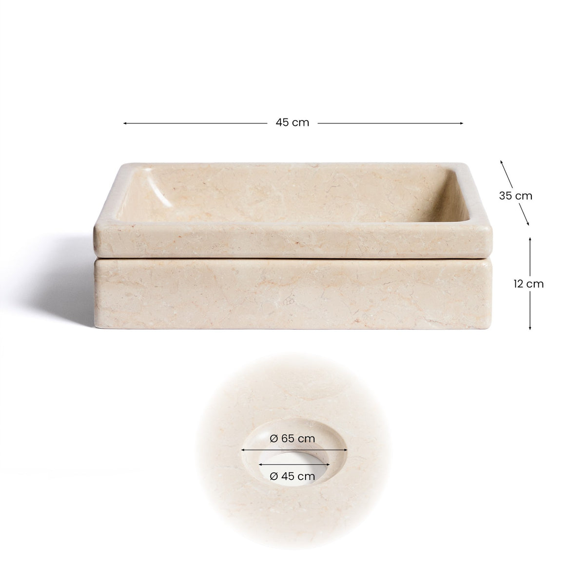 Aufsatzwaschbecken Dalven aus beigem Marmor mit polierter Oberfläche, ovale Form, Masse 45 x 35 x 12 cm, handgefertigt aus Naturstein.