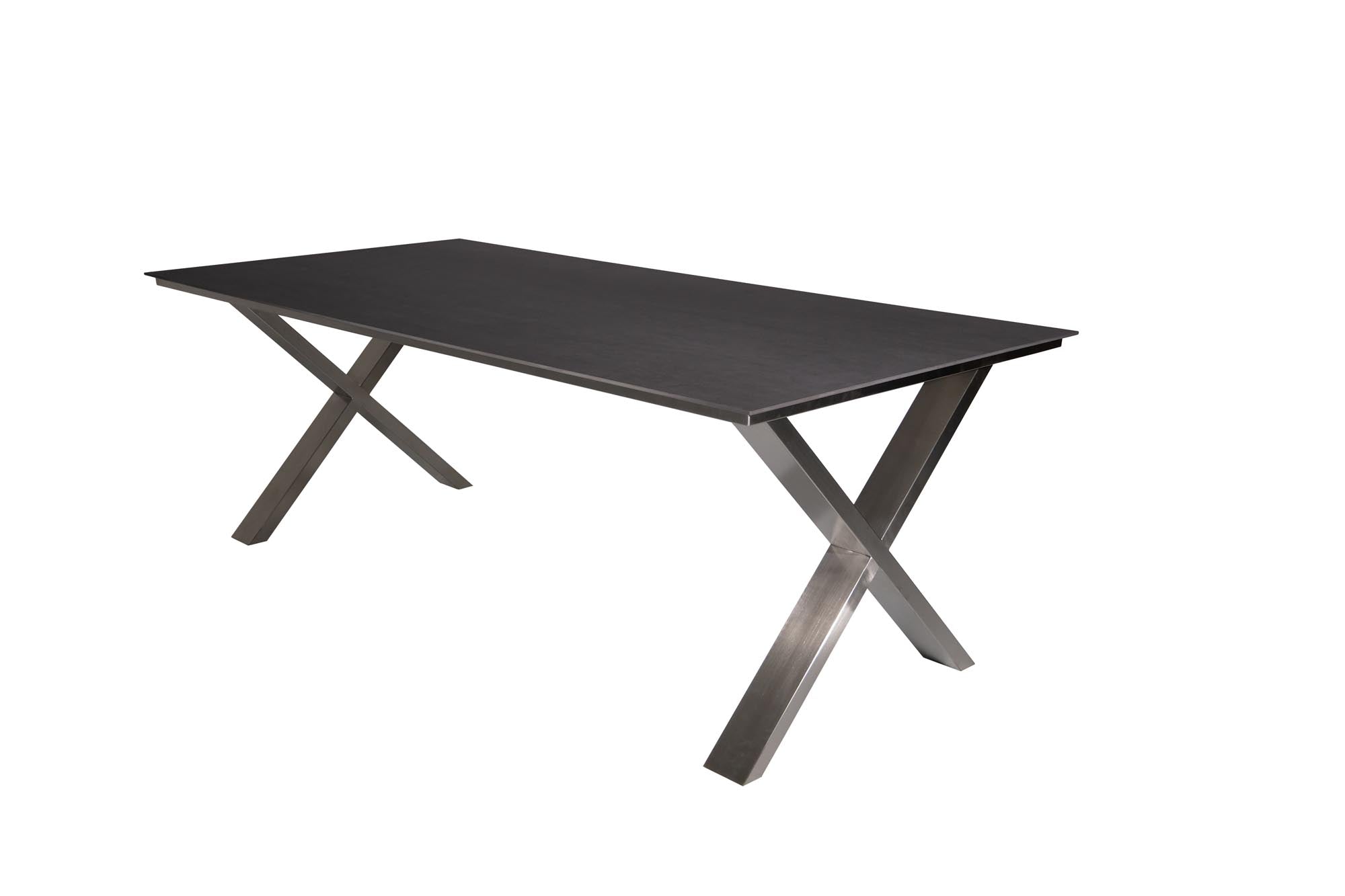 Eleganter Gartentisch Monaco aus Edelstahl in X-Form, 210x100 cm, ideal für stilvolle Terrassen und Gärten.