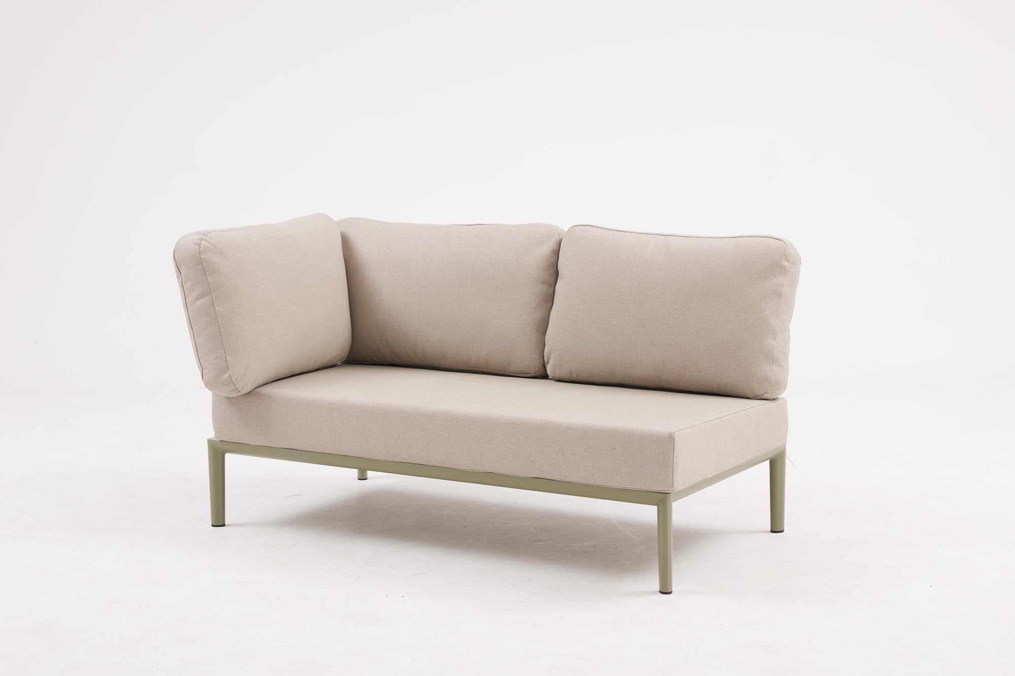 Stylisches 2-Sitzer Gartensofa mit Ecke Fiore in Oliv-Grün, perfekt für gemütliche Momente im Garten oder auf der Terrasse.